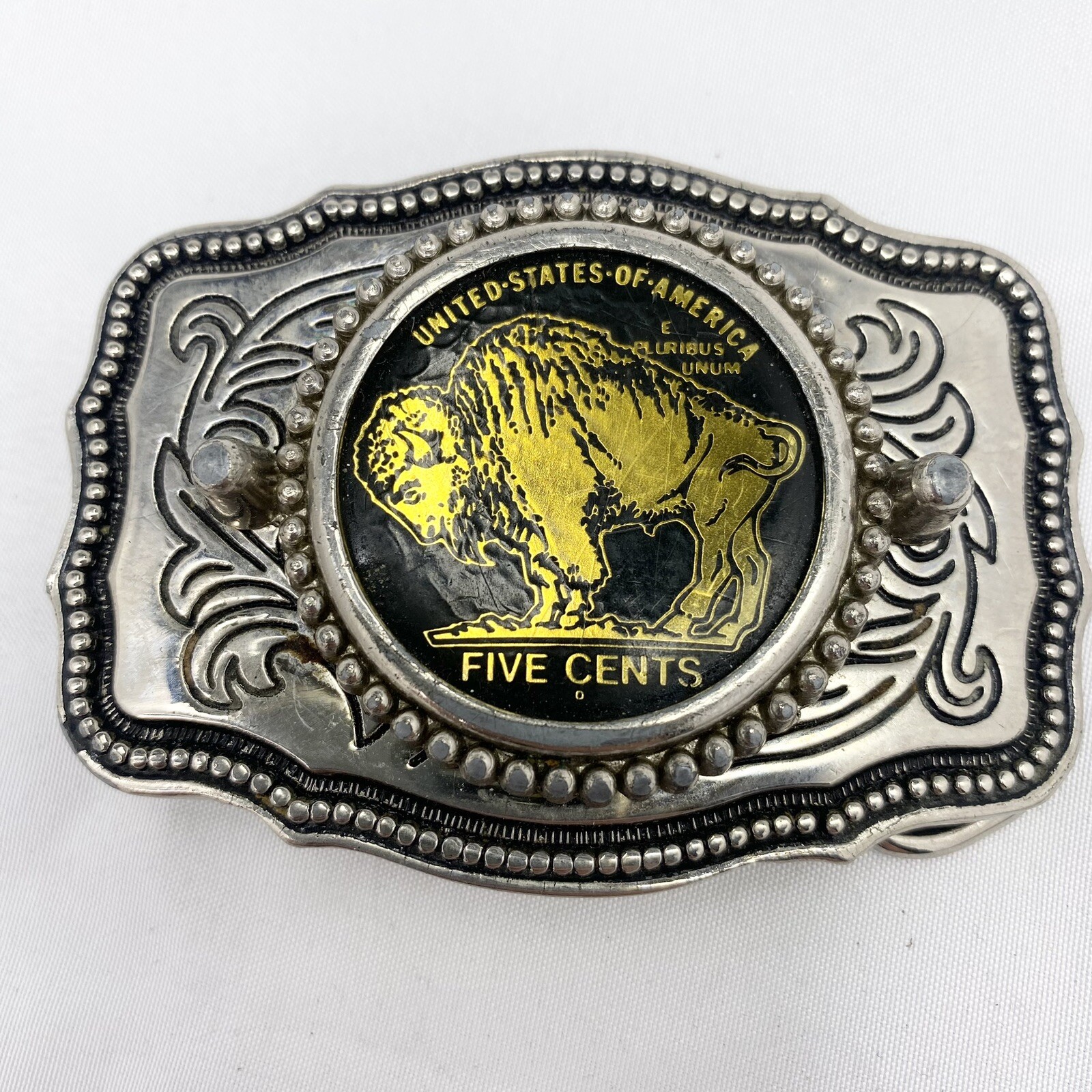 Vintage Western Belt Buckle Buffalo Nickel Metal ZB-005 3×2” Silver Toned USA