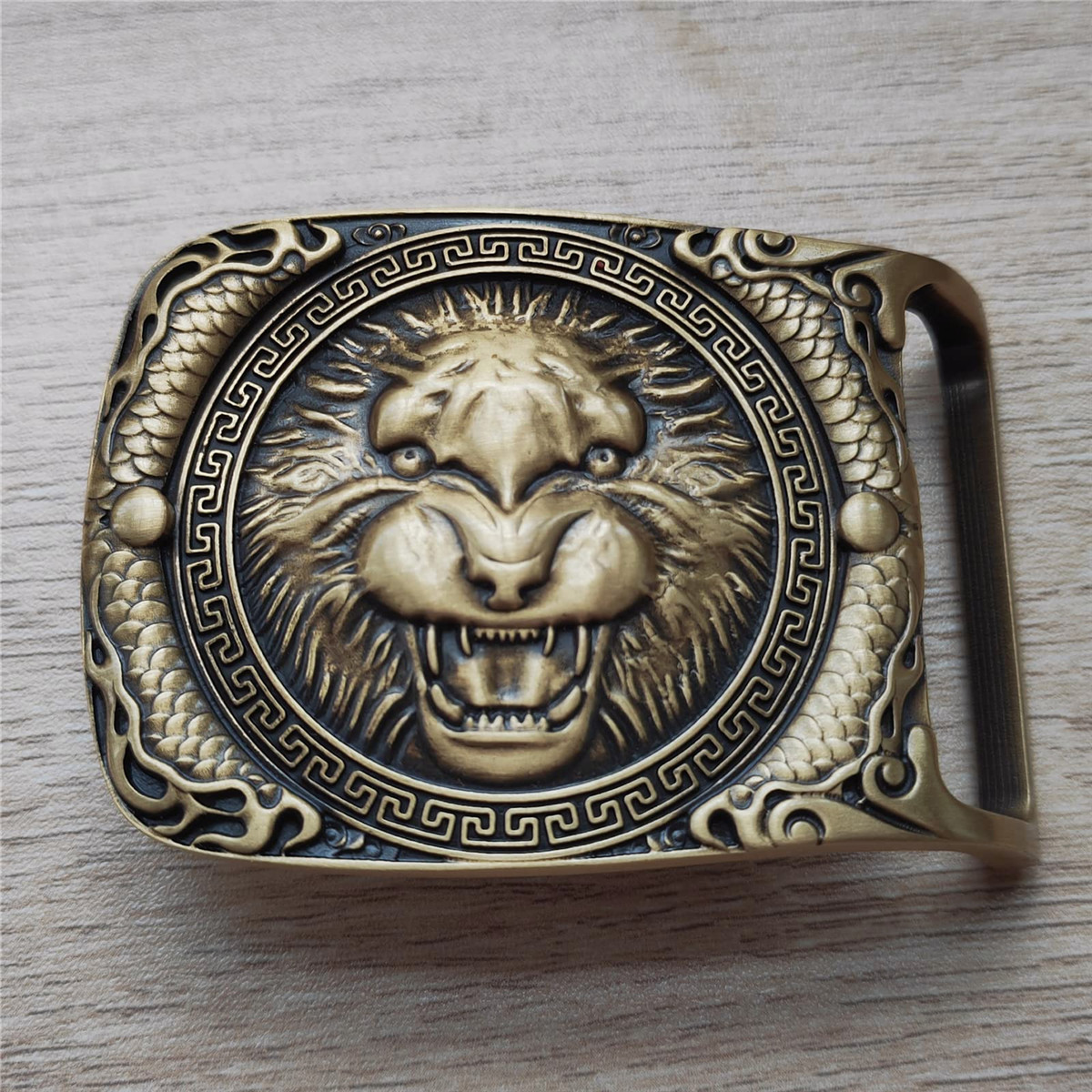 Green Eyes` Lion Head Solid Brass Belt Buckle Western Cowboy Vintage Antique