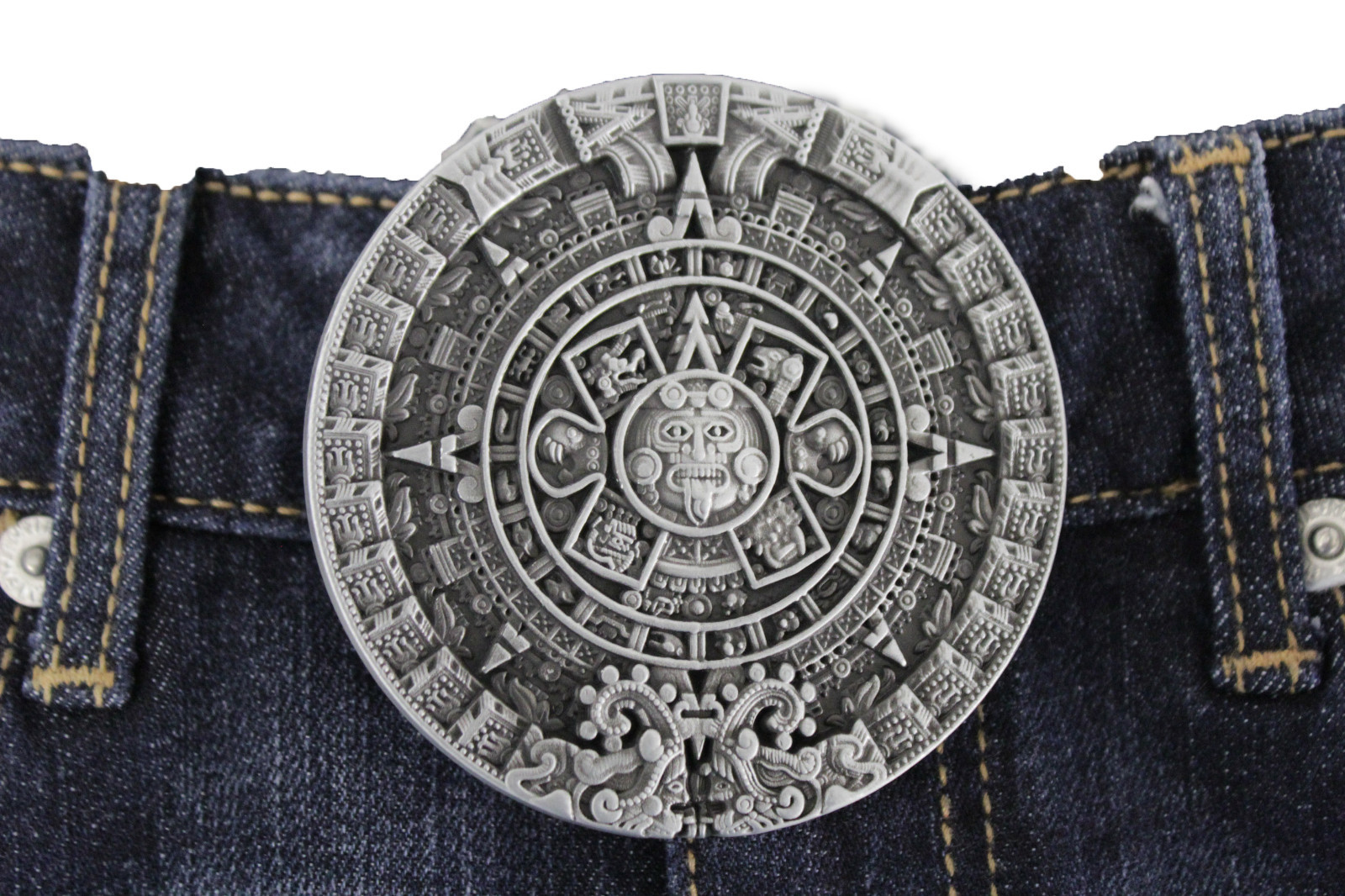 NEW Men Women Belt Buckle Silver Color Metal Western Aztec Calendar Mayan Round