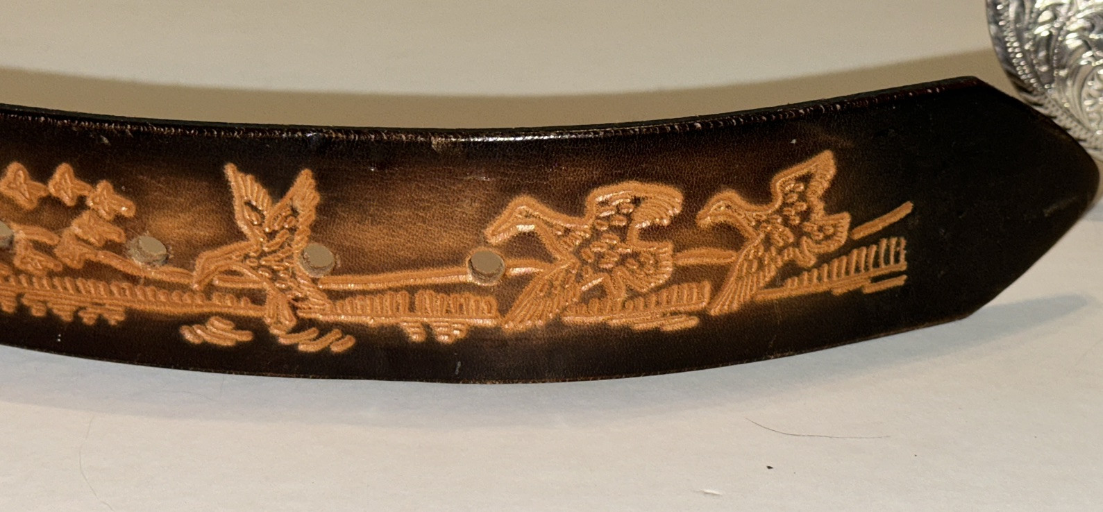 Tooled Leather Belt Size 30 Duck Hunting Crumrine Bronze Eagle Eye Gem Buckle