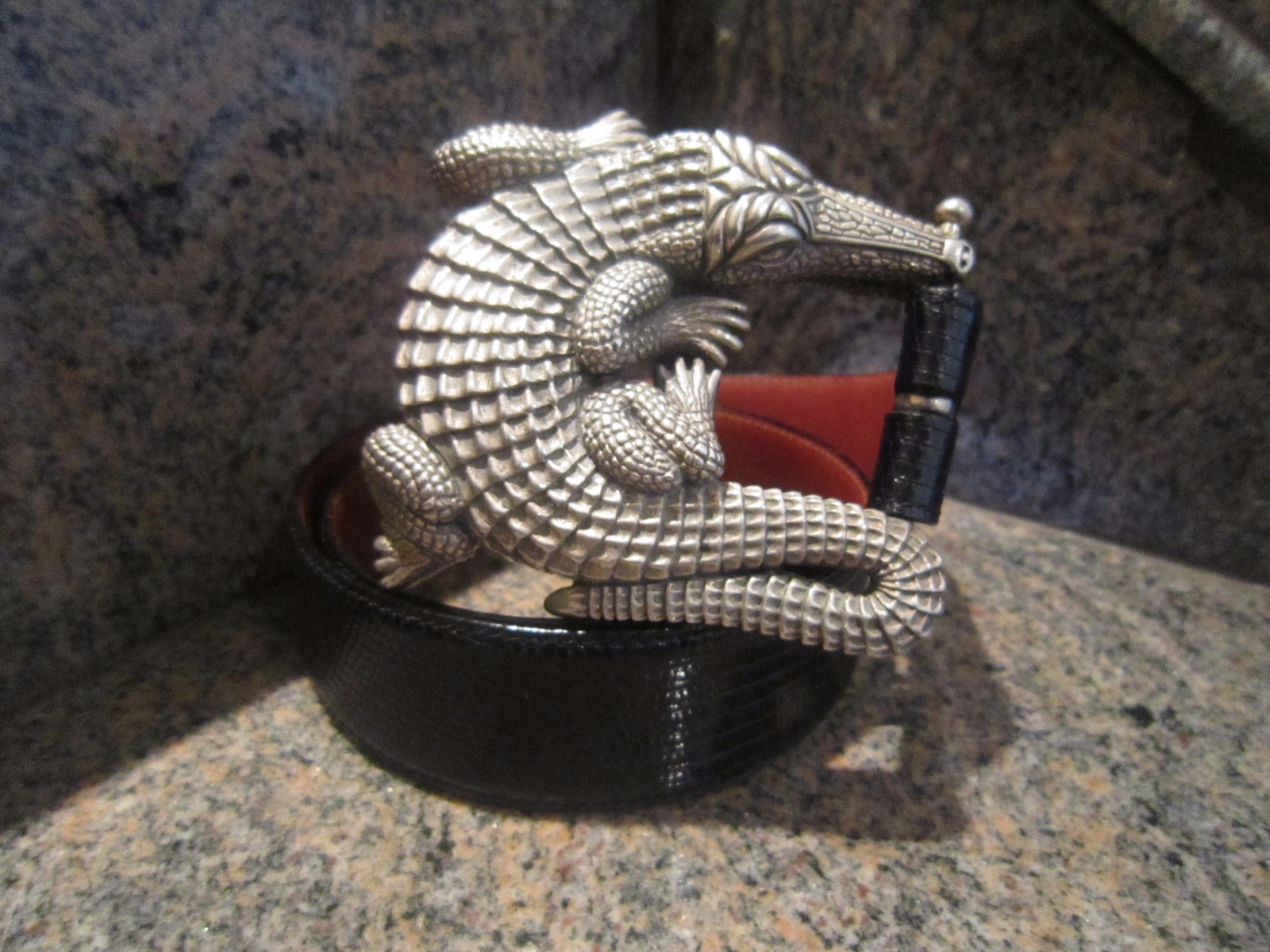 Huge Kieselstein-Cord Sterling Alligator Buckle and Black Lizard Belt Size 1