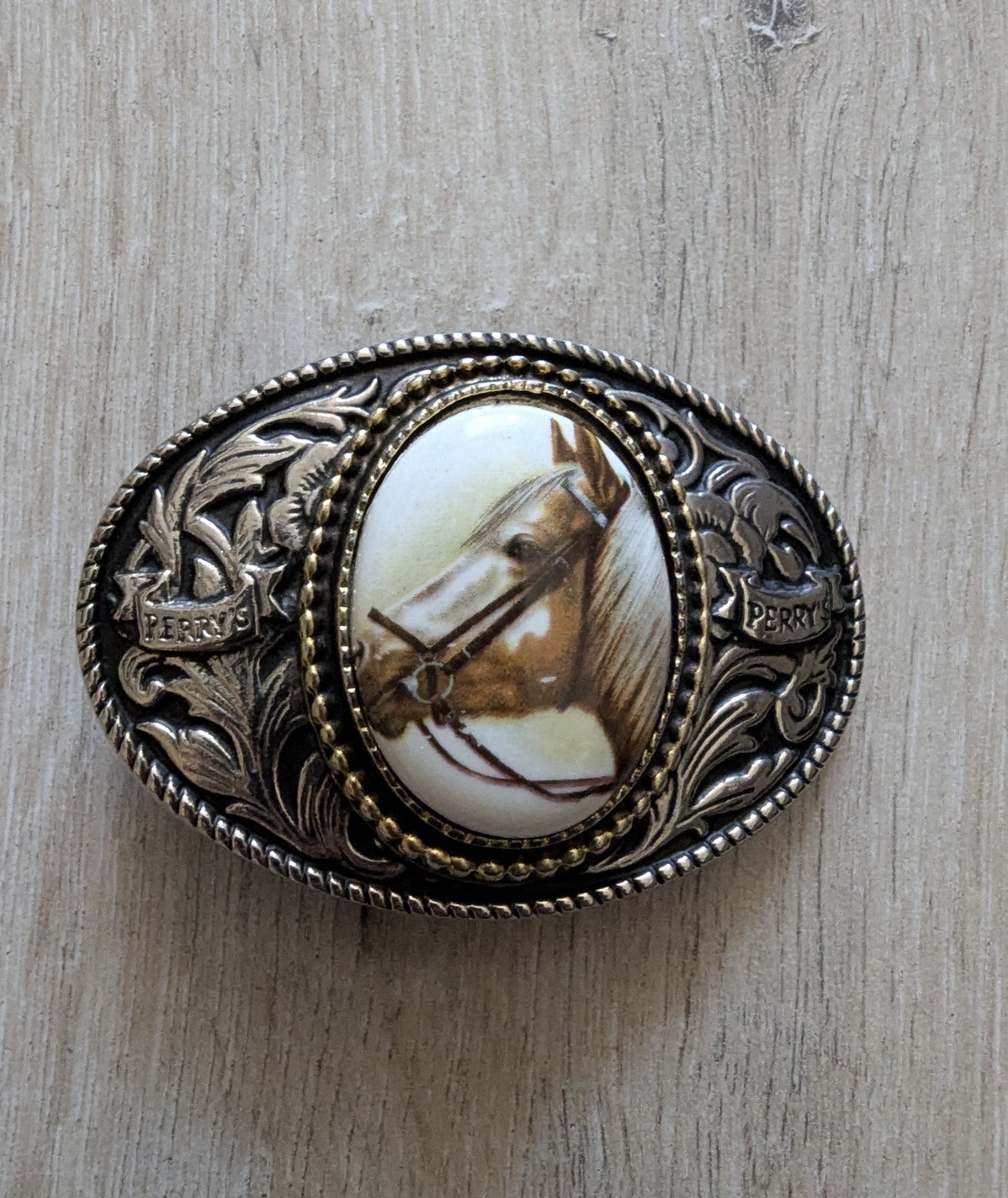 Vintage Perry’s Western Cowboy Belt Buckle Horse Head Rodeo USA Silver Tone