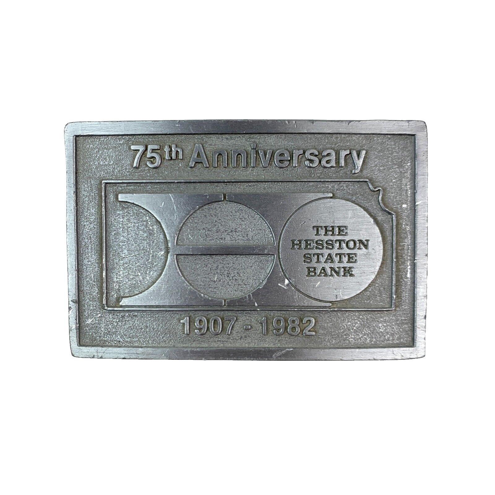 The Hesston State Bank 75th Anniversary Metal Belt Buckle 1907-1982