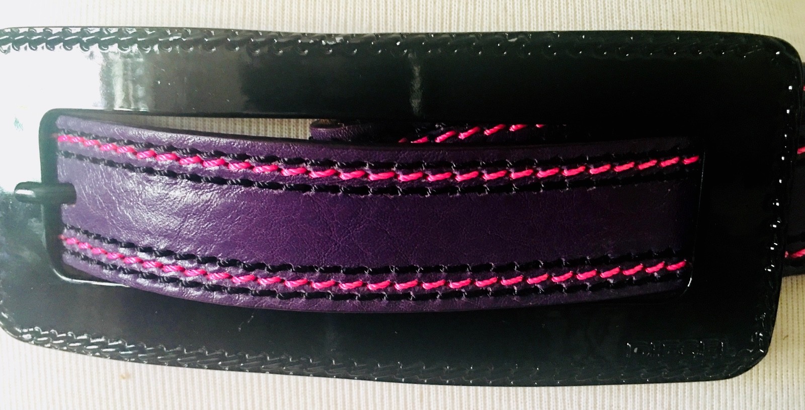 DIESEL: NEW Purple Leather Belt w Pink Stitching & Black Patent Buckle Size 80cm