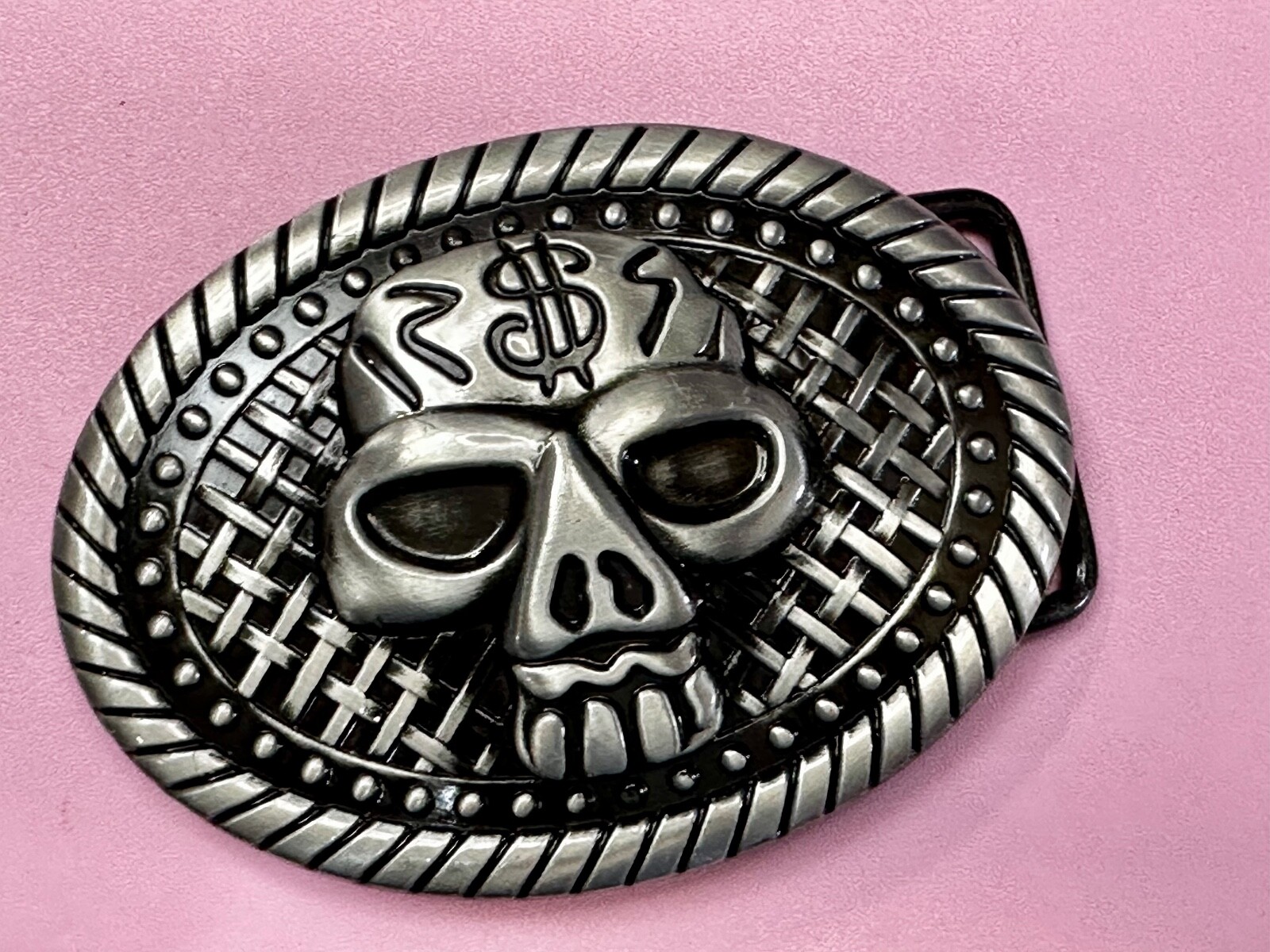 Skull With $ Dollar Sign Halloween Black & Silver Color Gothic Vibe Belt Buckle