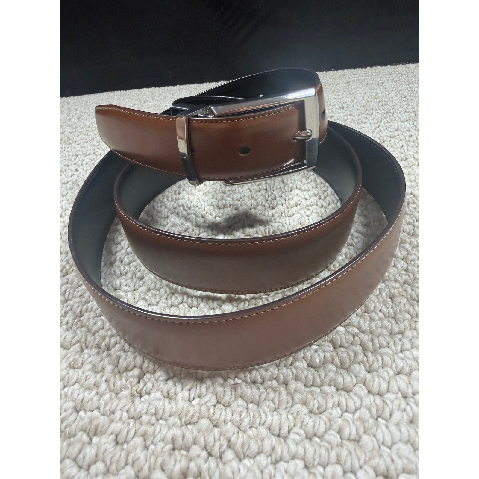 Perry Ellis Reversible Leather Belt Brown Black Silver Buckle Mens 42