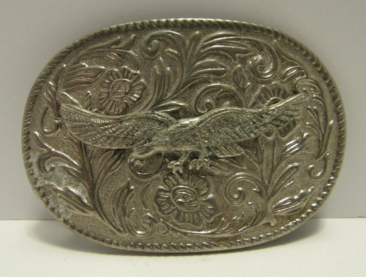 Men&rsquo;s Belt Buckle Flying Eagle Floral Western Cowboy Style 3D Silver Oval