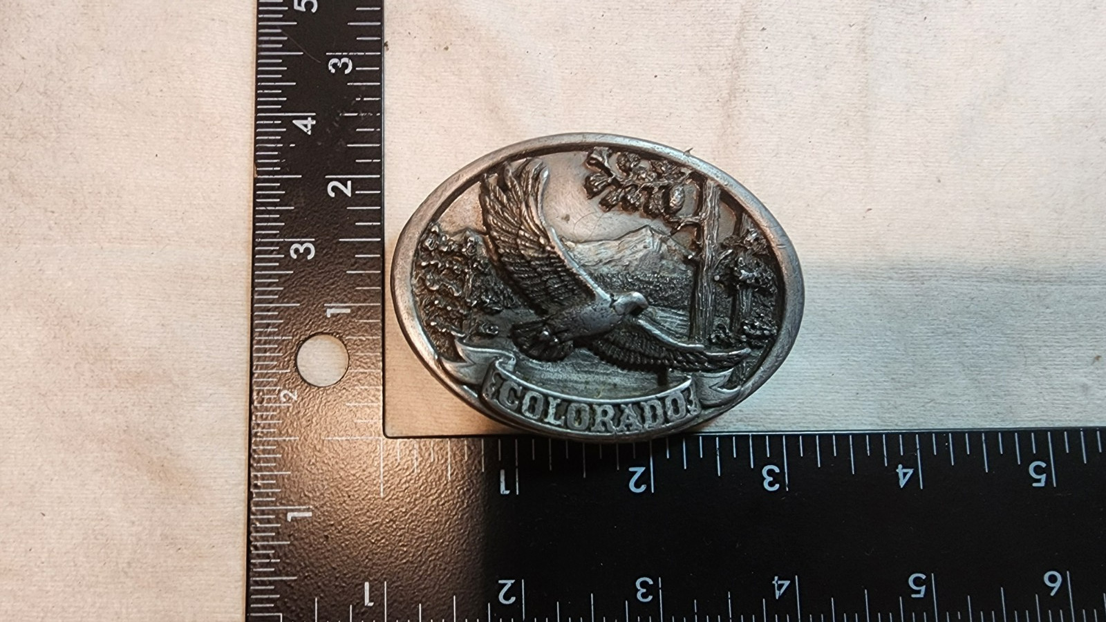 Colorado, Flying Eagle, Mountains, C+J Inc. Belt Buckle Vintage 1986 Pewter USA
