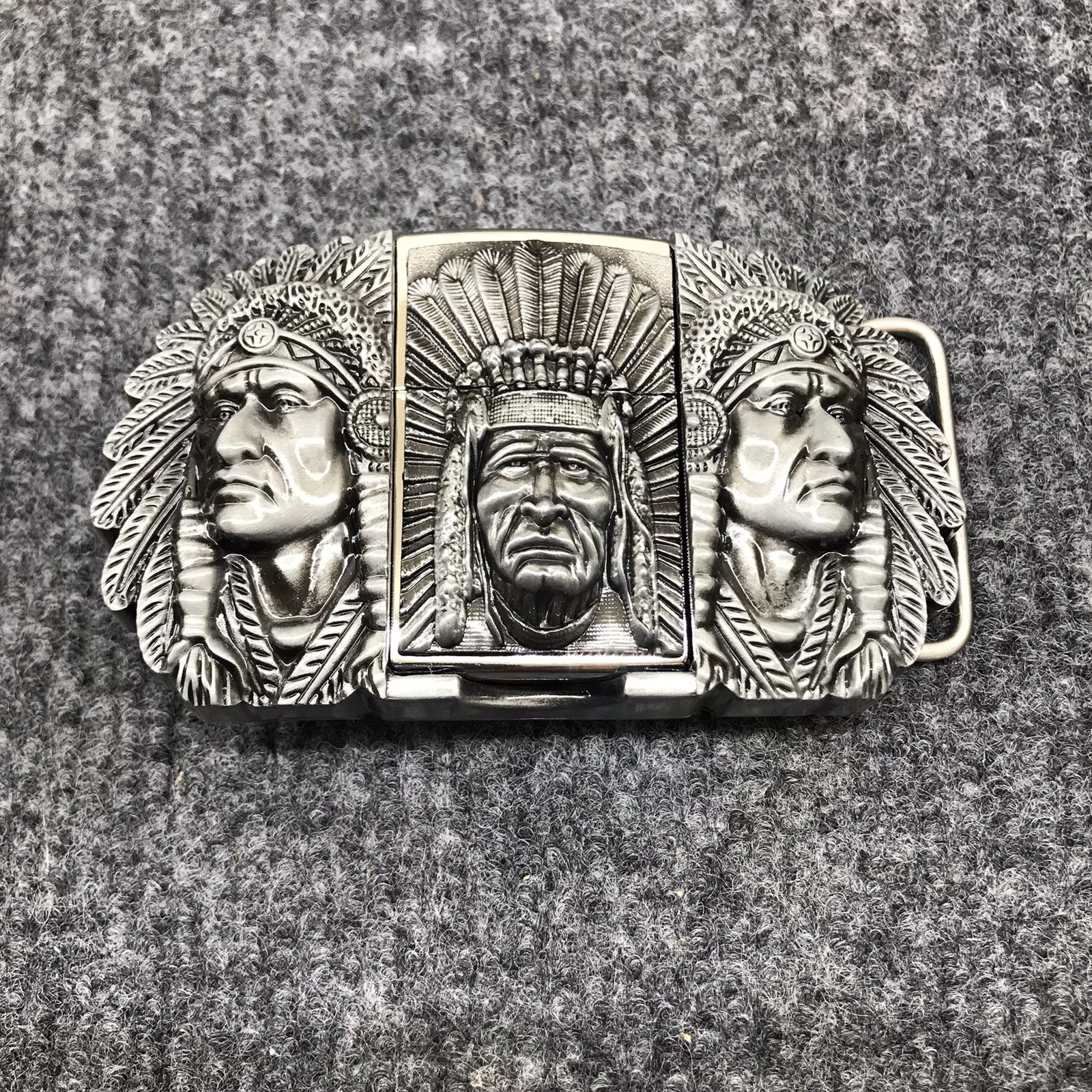 Antique Brushed Indian Chief Head Belt Buckle with Lighter, Stock in US