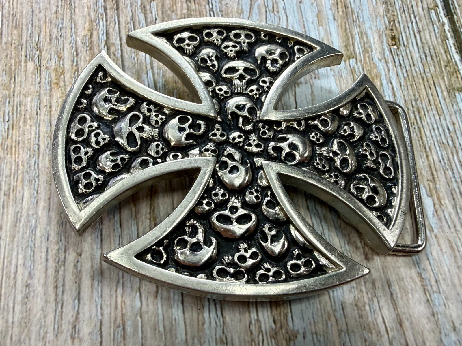 Maltese Iron Cross Studded Skull Design Gothic Punk Vibe Cutout Belt Buckle