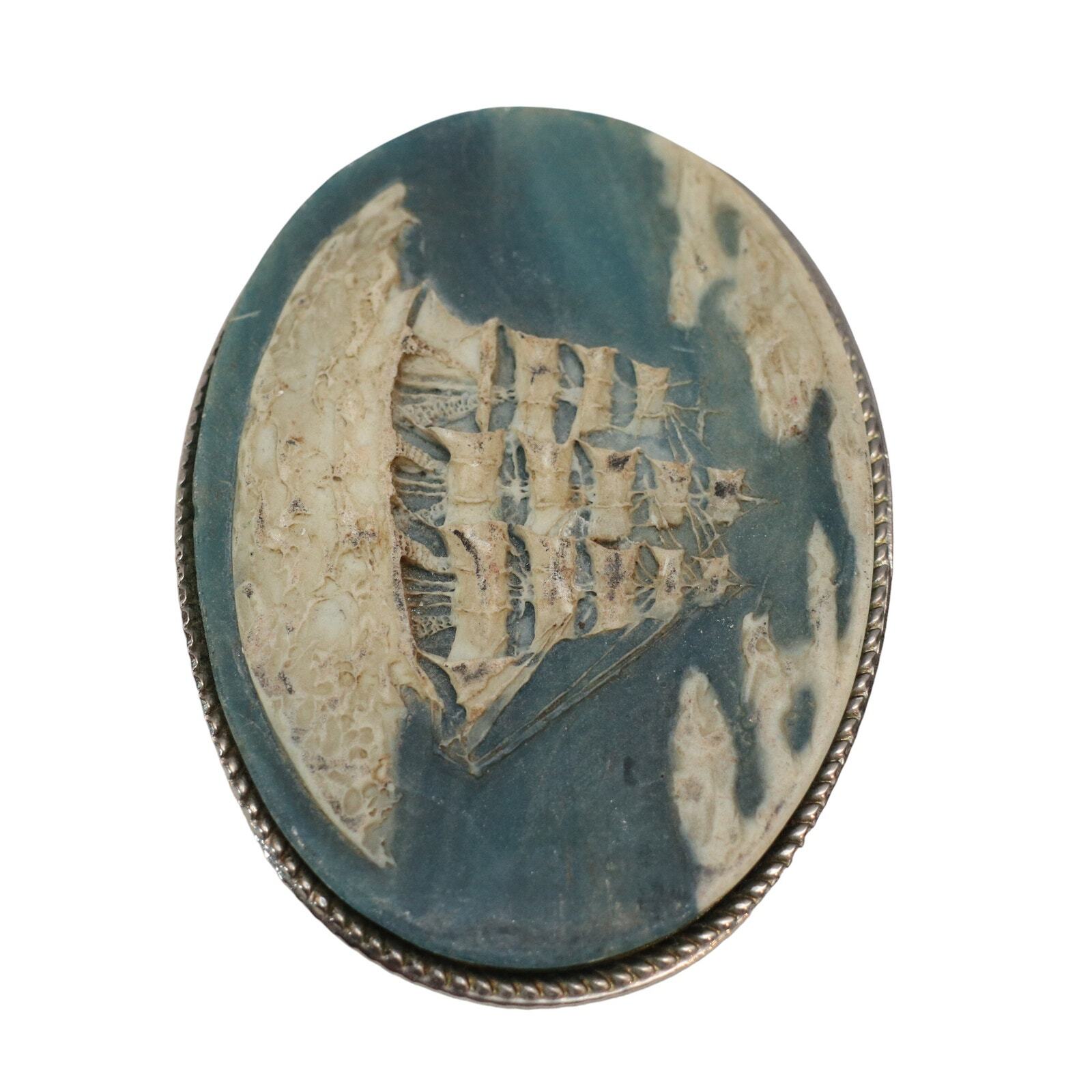 Vintage Incolay Stone Belt Buckle Cameo Sailing Ship Boat Clipper Nautical BLUE