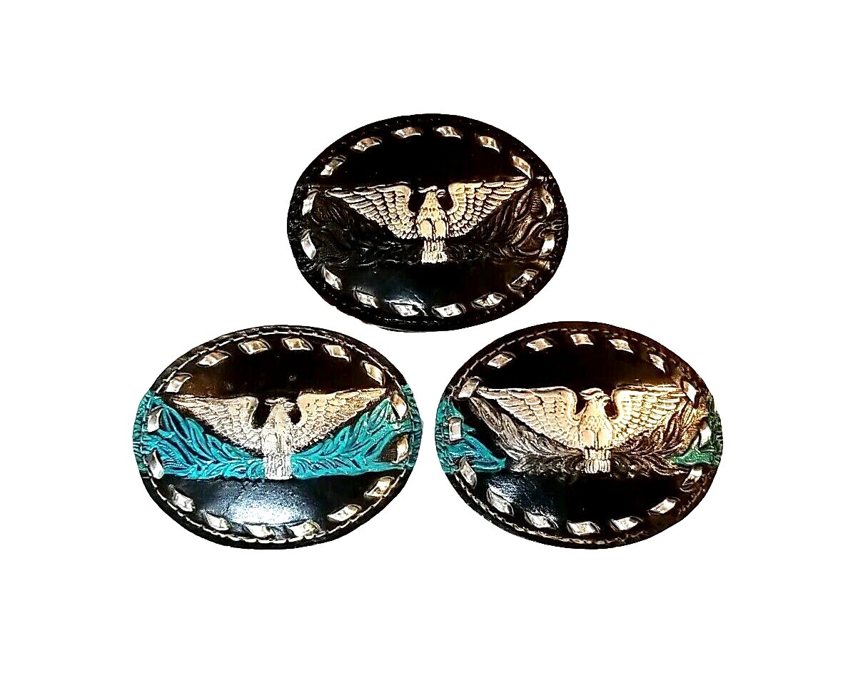 EAGLE Belt BUCKLE w Silver Buckstitching LG Handmade BLACK LEATHER Western/Biker