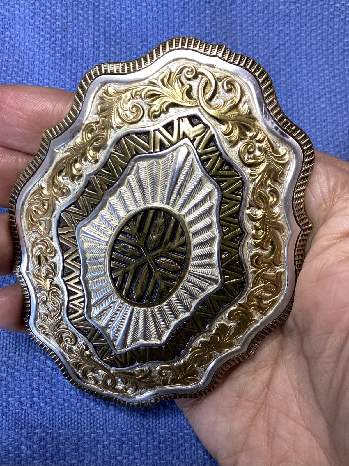 Vintage CRUMRINE Large Belt Buckle Heavy Silver Plate On Bronze Made in USA