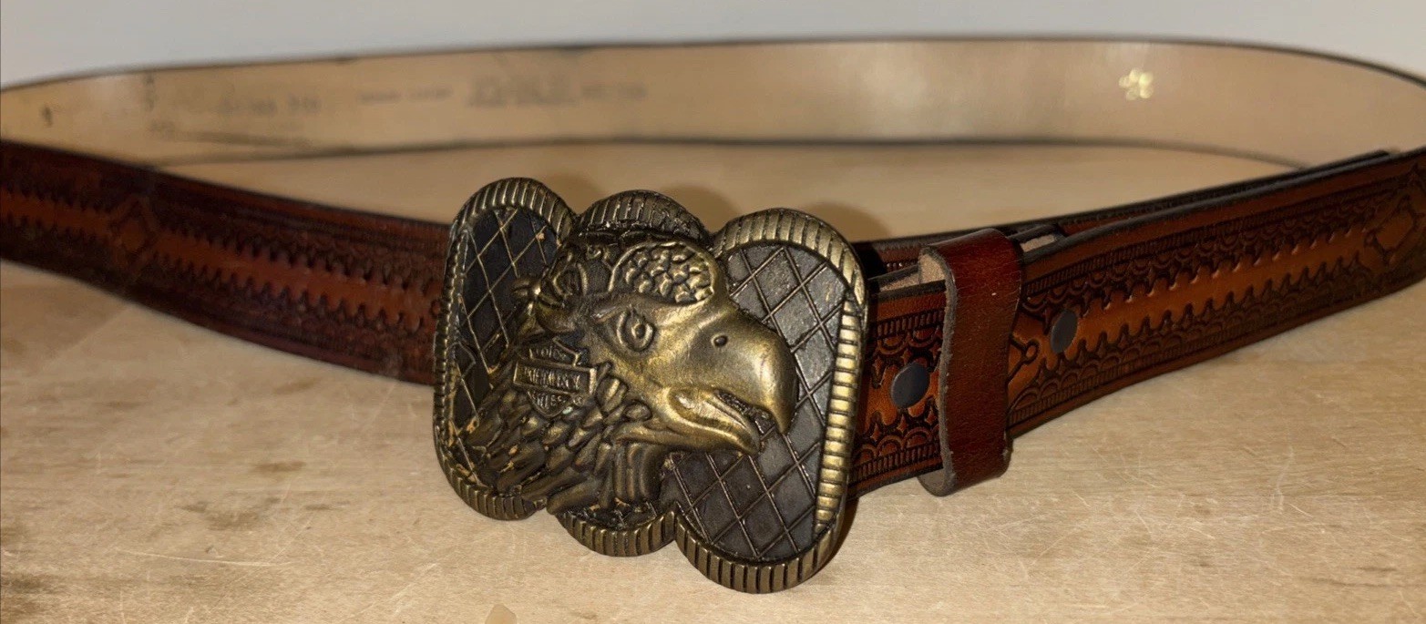 Harley Davidson USA Eagle Belt Buckle & A Size 42 Leather Belt. Length 48”