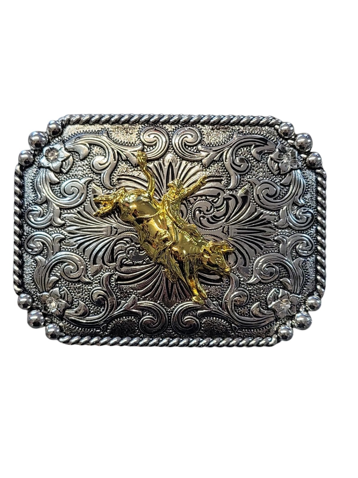 Cowboy Belt Buckle For Man – Bull Rider 4 1/4&Prime;x3 1/8&Prime; Silver Tone/Gold