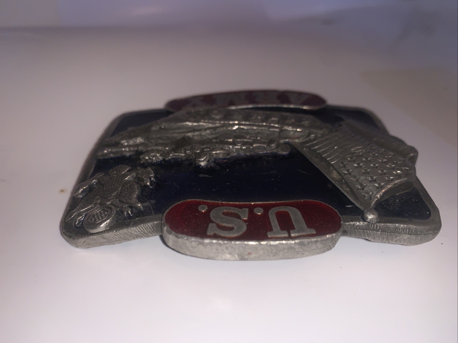 US ARMY TANK Flag Eagle Pewter BELT BUCKLE Made USA machines ,Man Steel & Pride