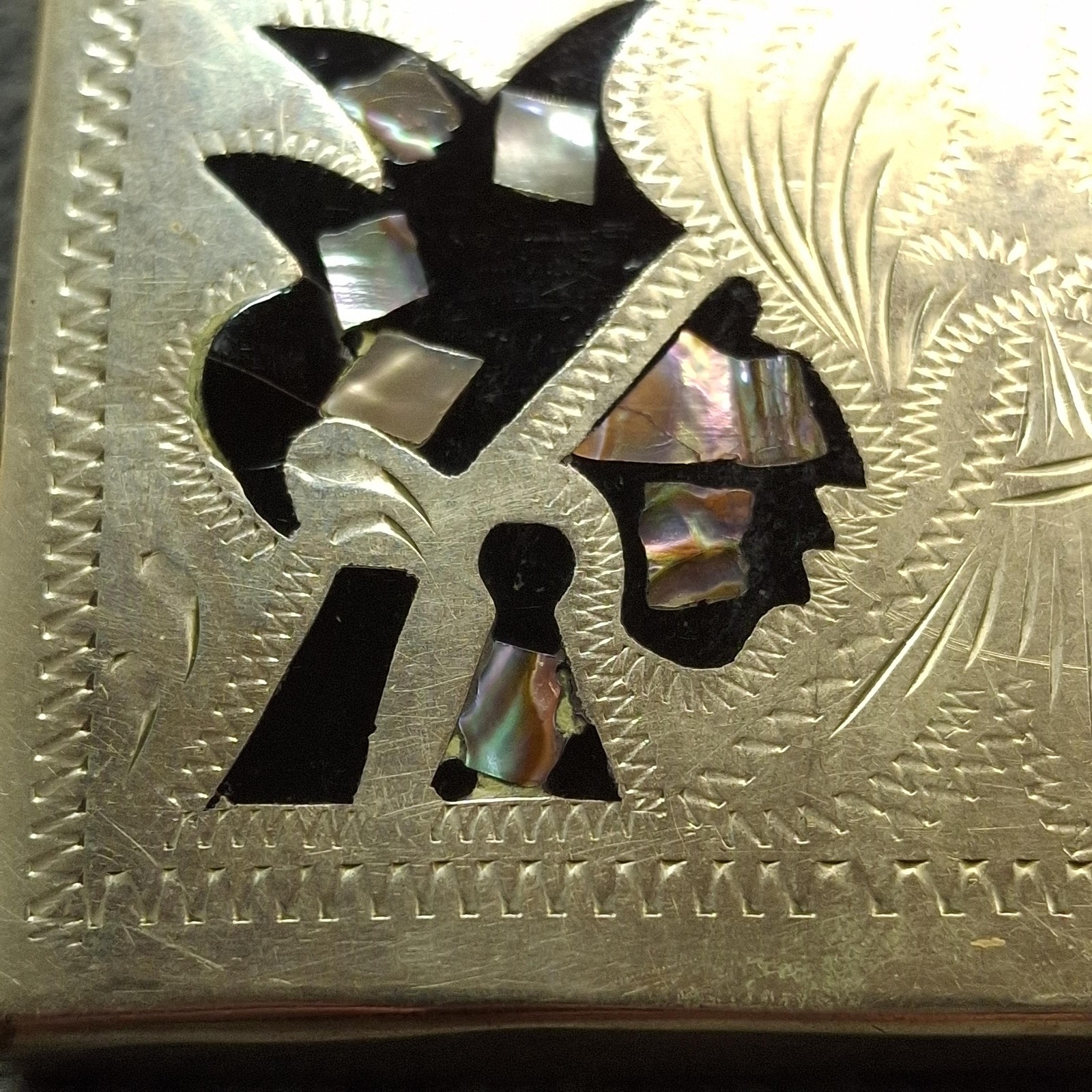 Vtg Alpaca Mexico Abalone Inlay Belt Buckle Hand Engraved Folk Art Western 3&Prime;