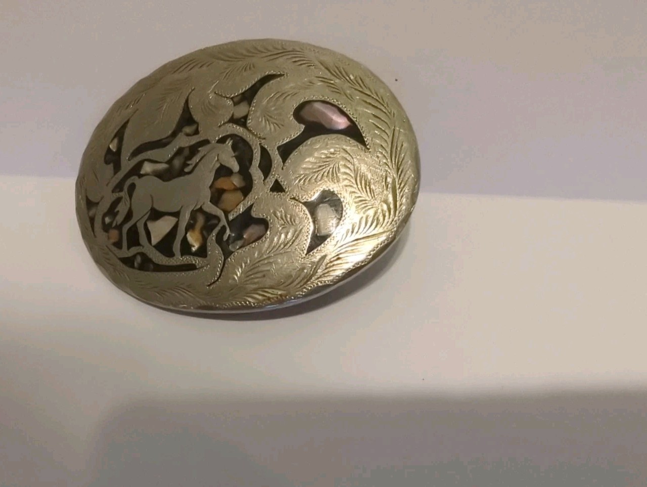 Vtg Mexico Western Horse Belt Buckle Handmade Silver Tone Inlaid Ablone Shell 3&Prime;