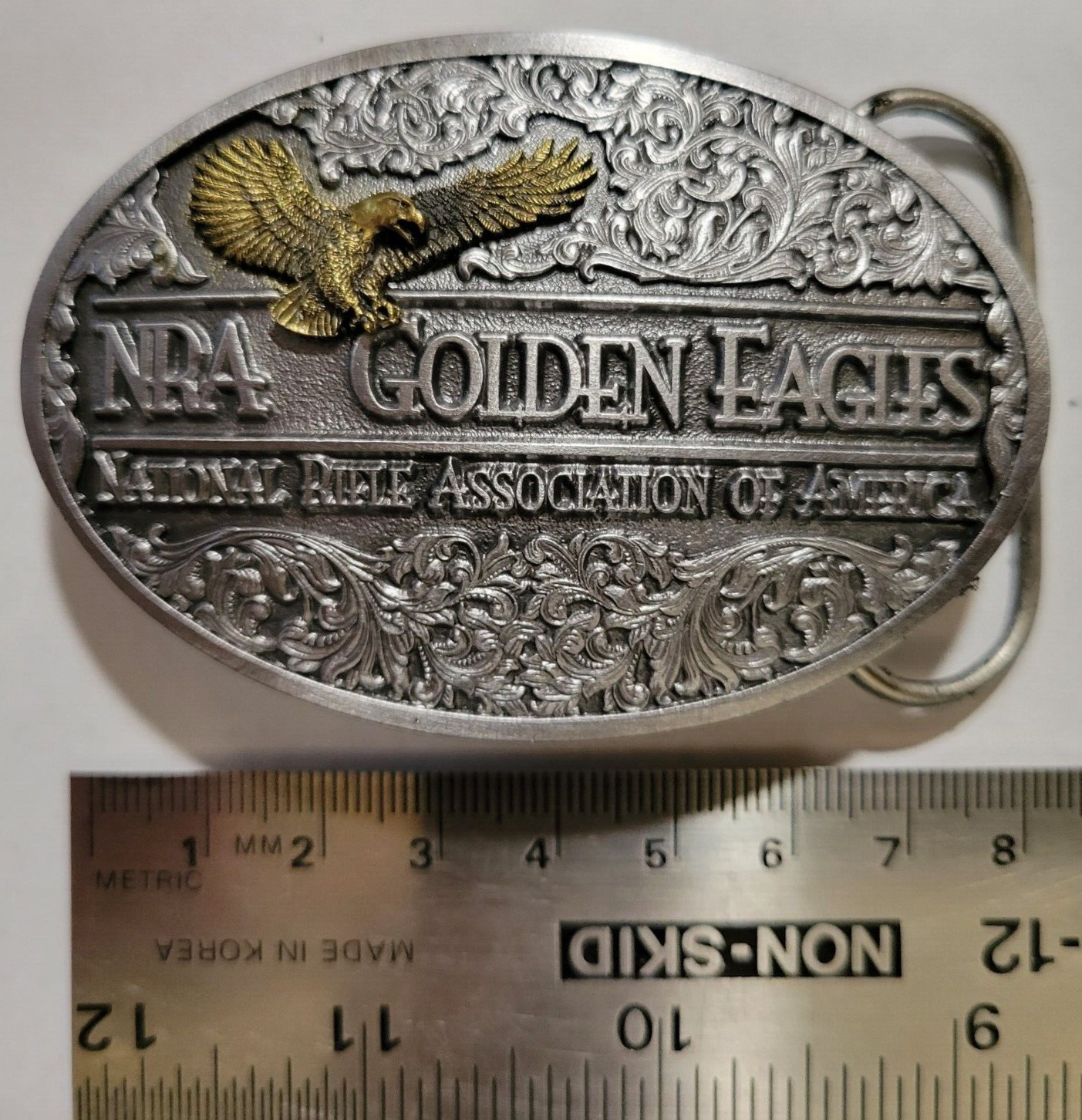 NRA Golden Eagles Oval Belt Buckle, Dated 1994, LE 940492 & w/ 2 Lapel Pins