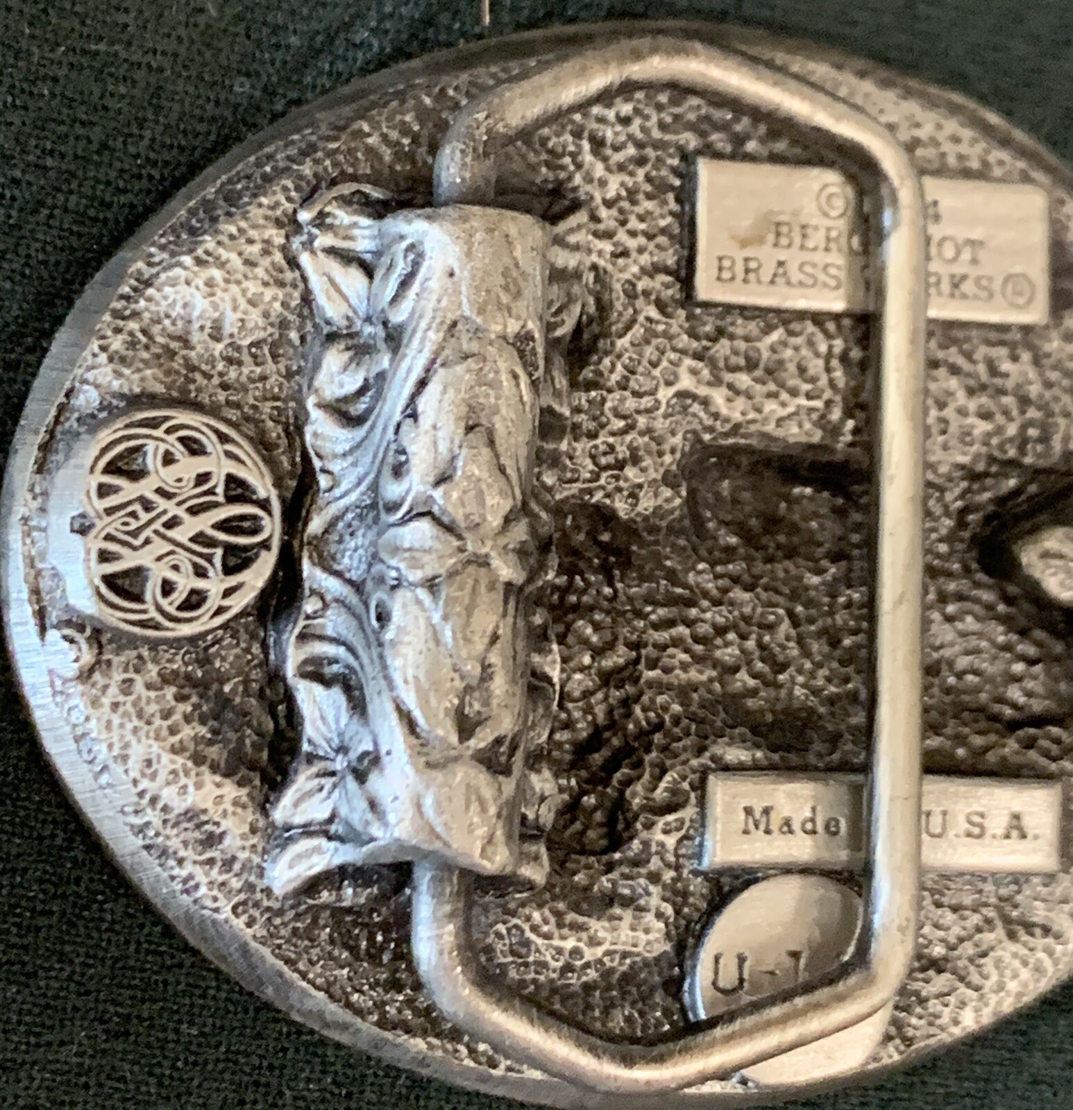 VINTAGE Belt Buckle PEWTER/ENAMEL Antique Convertible Car Fence Farm House 1984