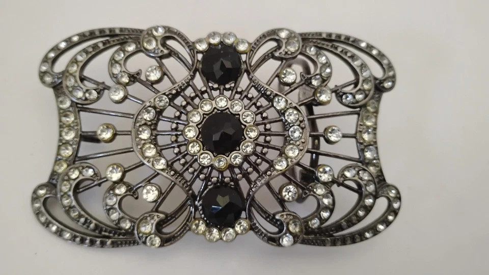 Vintage Goth Themed Metal Belt Buckle Rhinestones & Black Gems Fits 1.5 Hook
