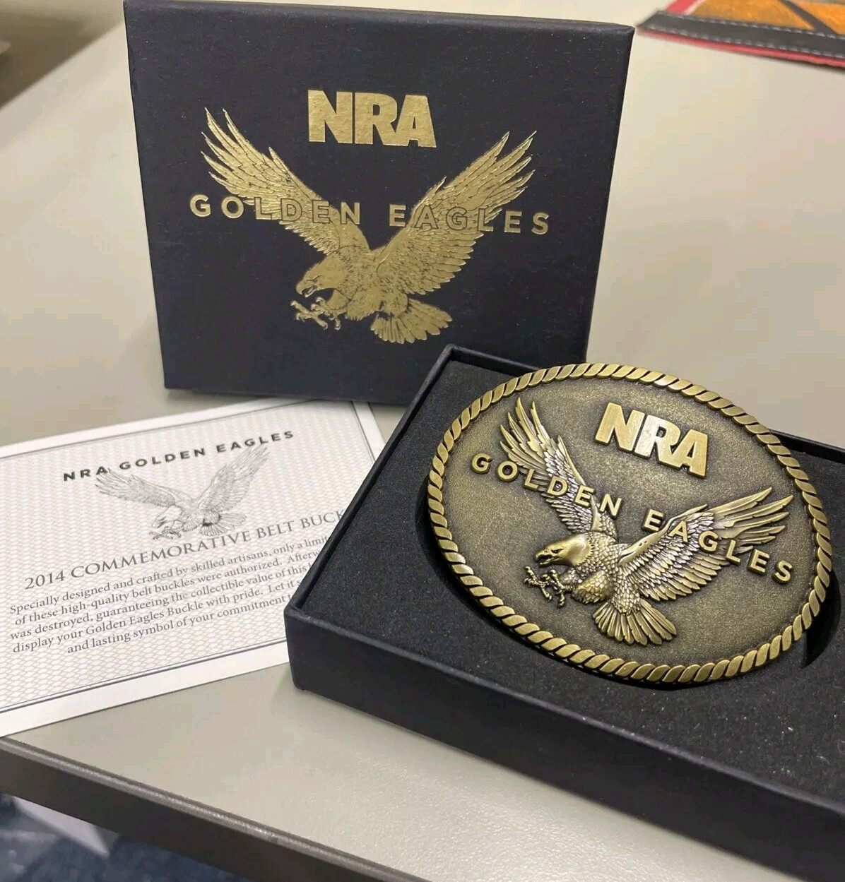 Vintage NRA Golden Eagles Belt Buckle New In Box Bronze Tone Appx 2.5 x 3.25&Prime;