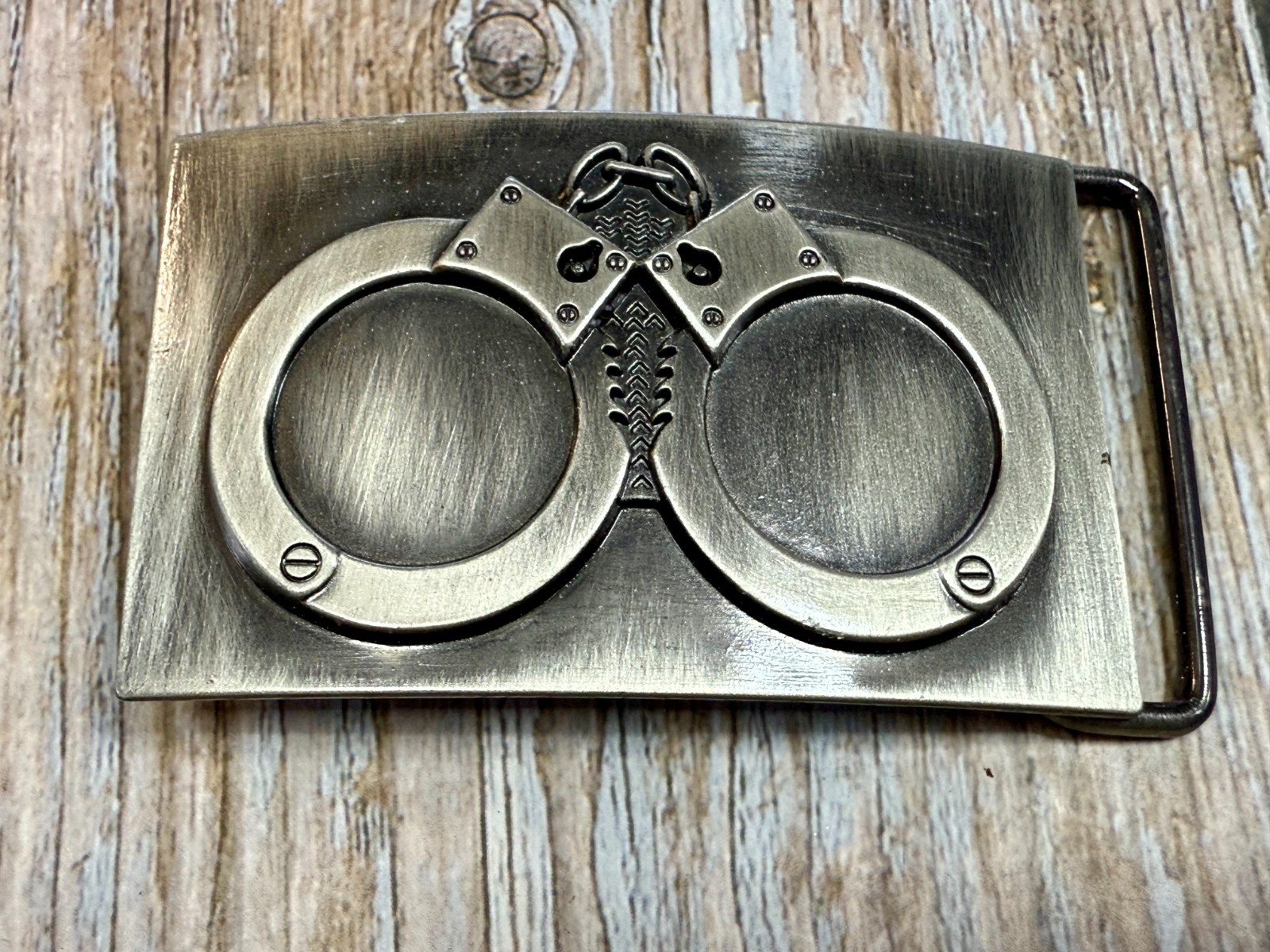Hand Cuffs Raised Handcuffs on Silver Color Rectangular Belt Buckle