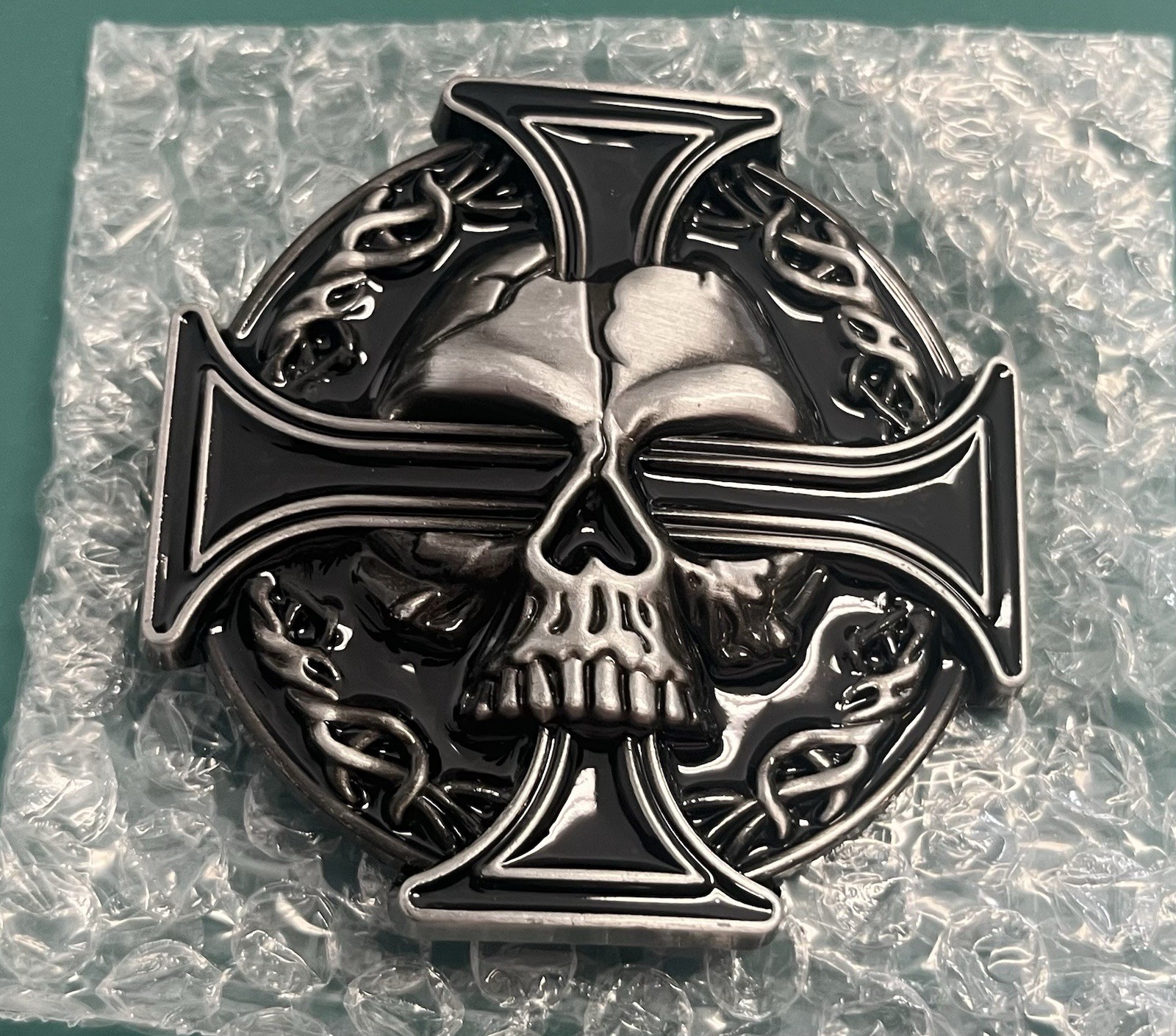 Bikers Belt Buckle Iron Cross And Skull