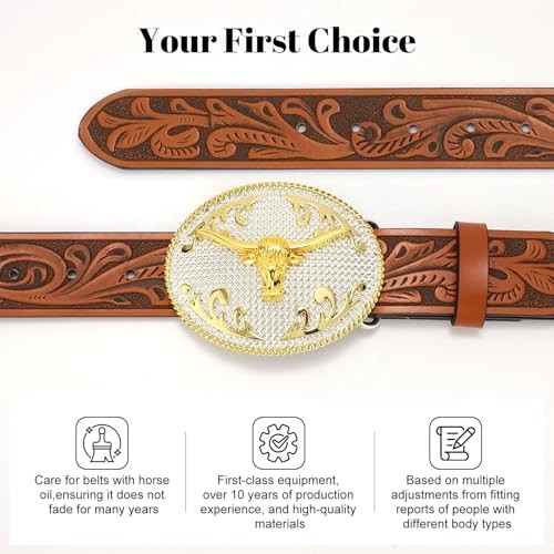 Cowboy Belts for Men Women, 35&Prime;-38&Prime; Wasit Adjustable Brown/Gold Bull Buckle