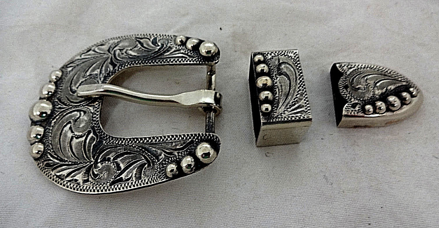 Antiqued Manzanillo 3 Piece Belt Buckle Loop Tip Hansen Western Silver Plate New