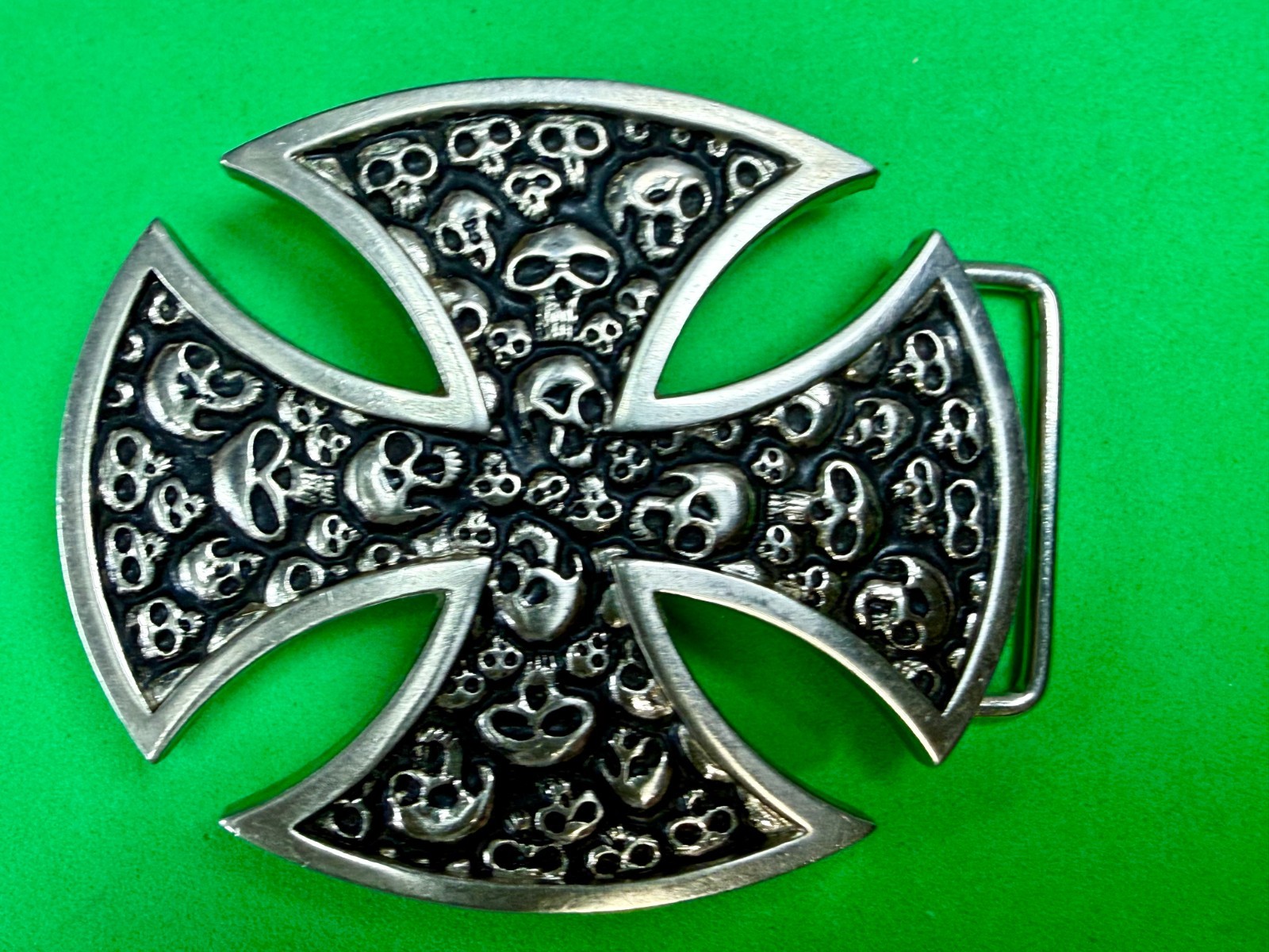 Maltese Iron Cross Studded Skull Design Gothic Punk Vibe Cutout Belt Buckle