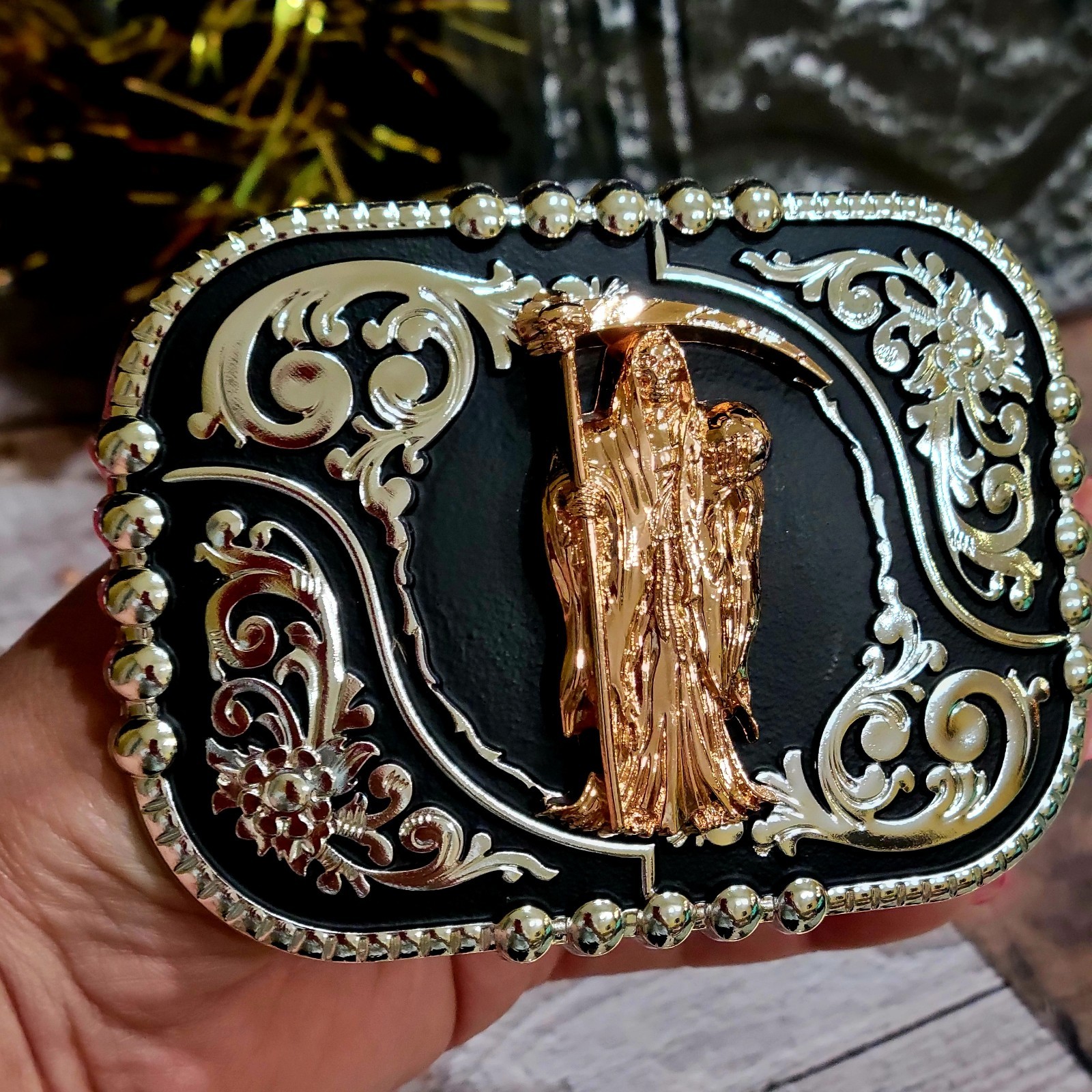 Santa Muerte belt Buckle Grim Reaper Rose Tone Silver Heavy Black Zinc Alloy
