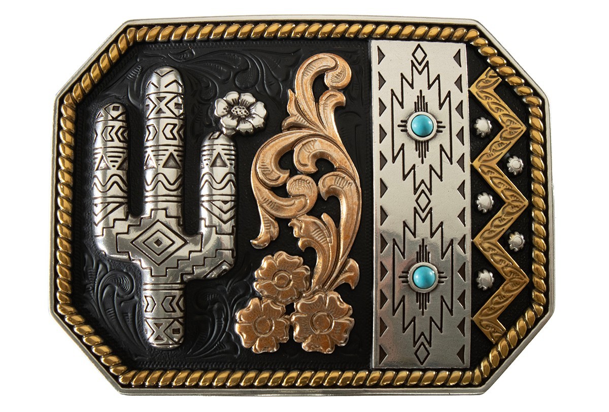 CACTUS – Western Belt BUCKLE -Copper, Brass, Silver, Turquoise, Black background