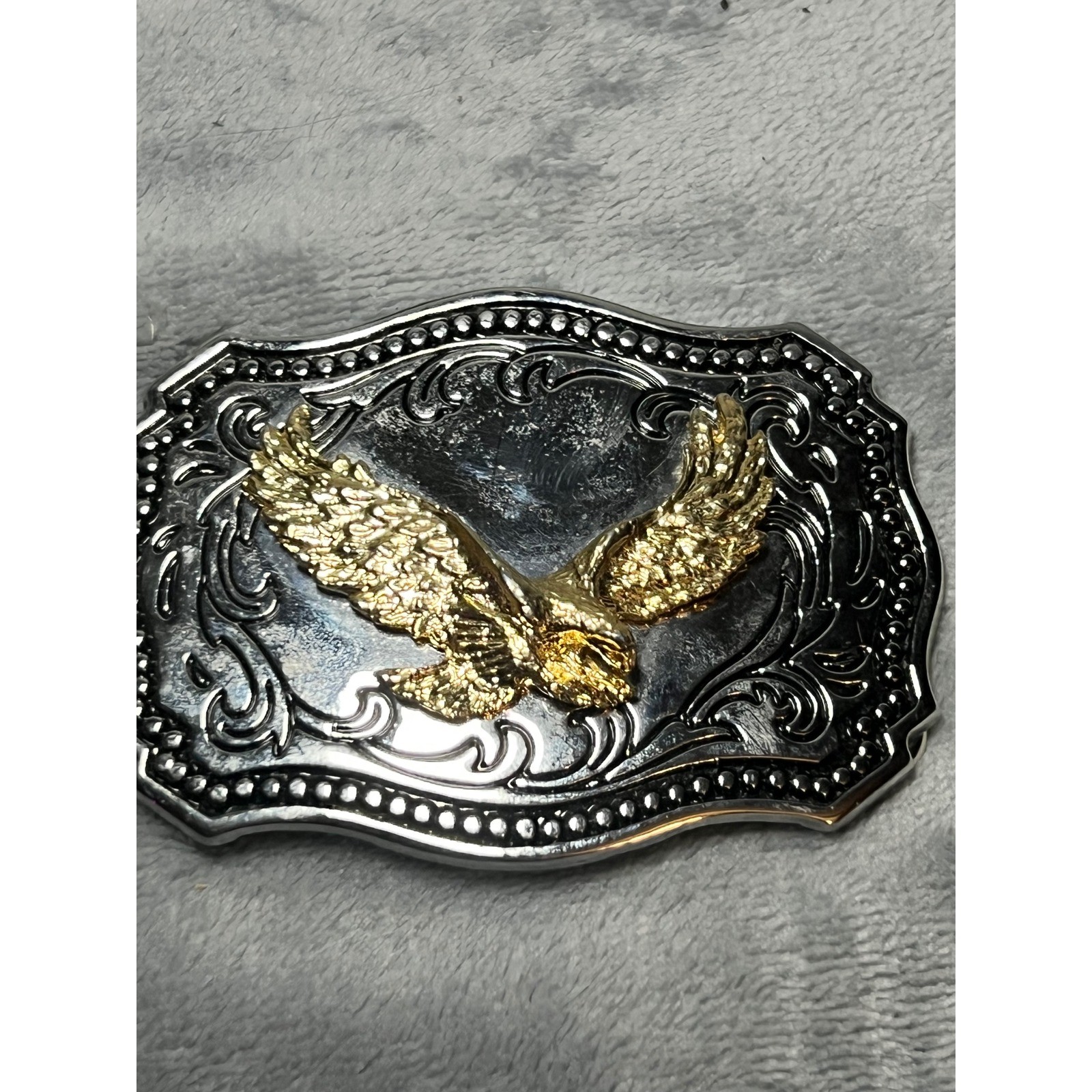 Gold Eagle Belt Buckle Silver Tone Western Scroll Made USA Patriotic Cowboy