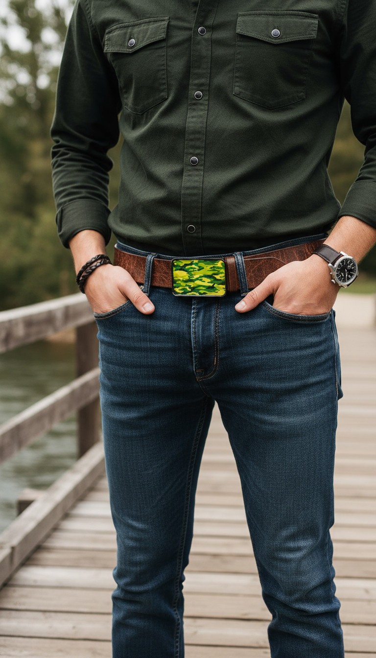 Men Black Metal Fashion Belt Buckle Army Green Color Camouflage Western Hunter