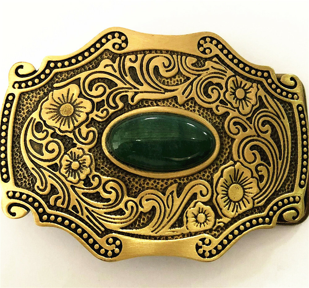 Jade & Grass Solid Brass Mens Belt Buckle Western Cowboy Vintage Antique