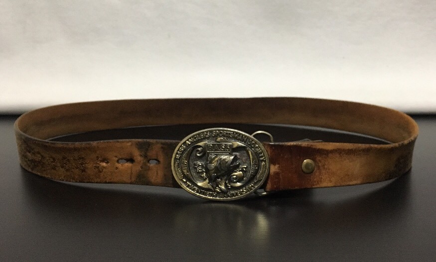 BASS ANGLERS SPORTSMAN SOCIETY BRASS Belt Buckle Tooled Leather 20th Anniversary