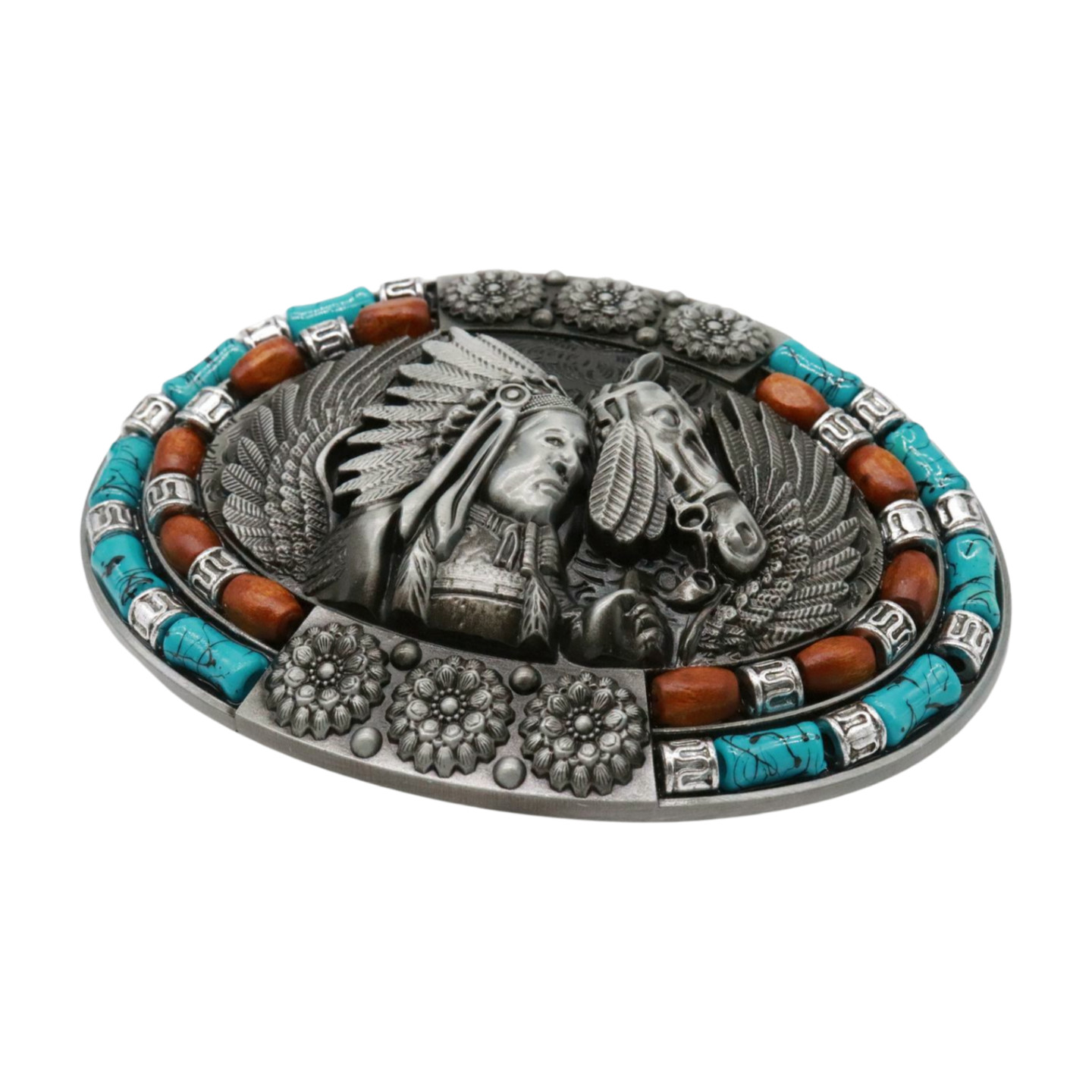 Men Women Dark Silver Metal Belt Western Native Indian Warrior Horse Oval Shape
