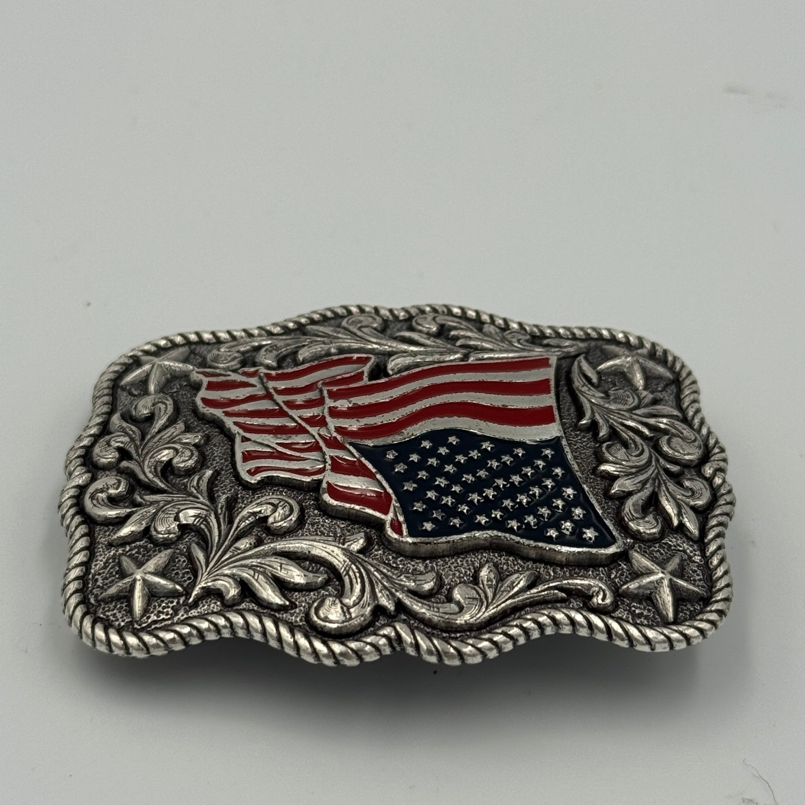 Patriotic American Flag Western Belt Buckle Silver Tone Red Blue Enamel Stars