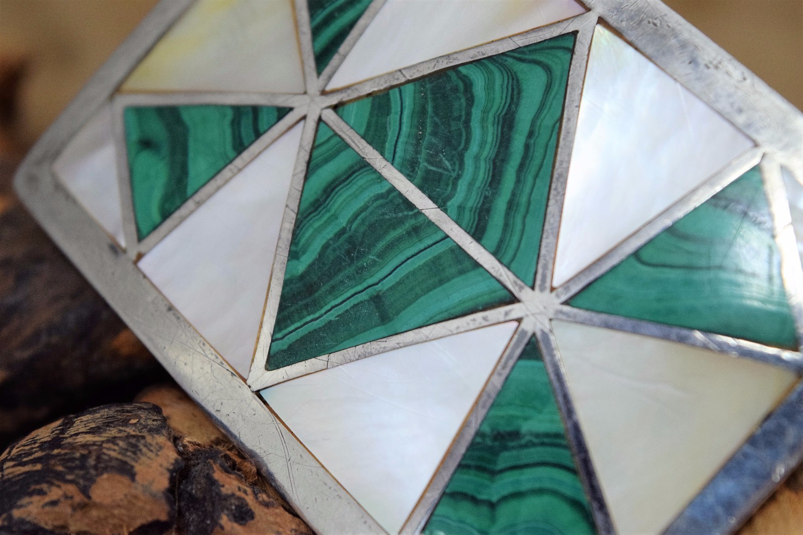 Southwestern Style Malachite Mother of Pearl Sterling Silver Belt Buckle