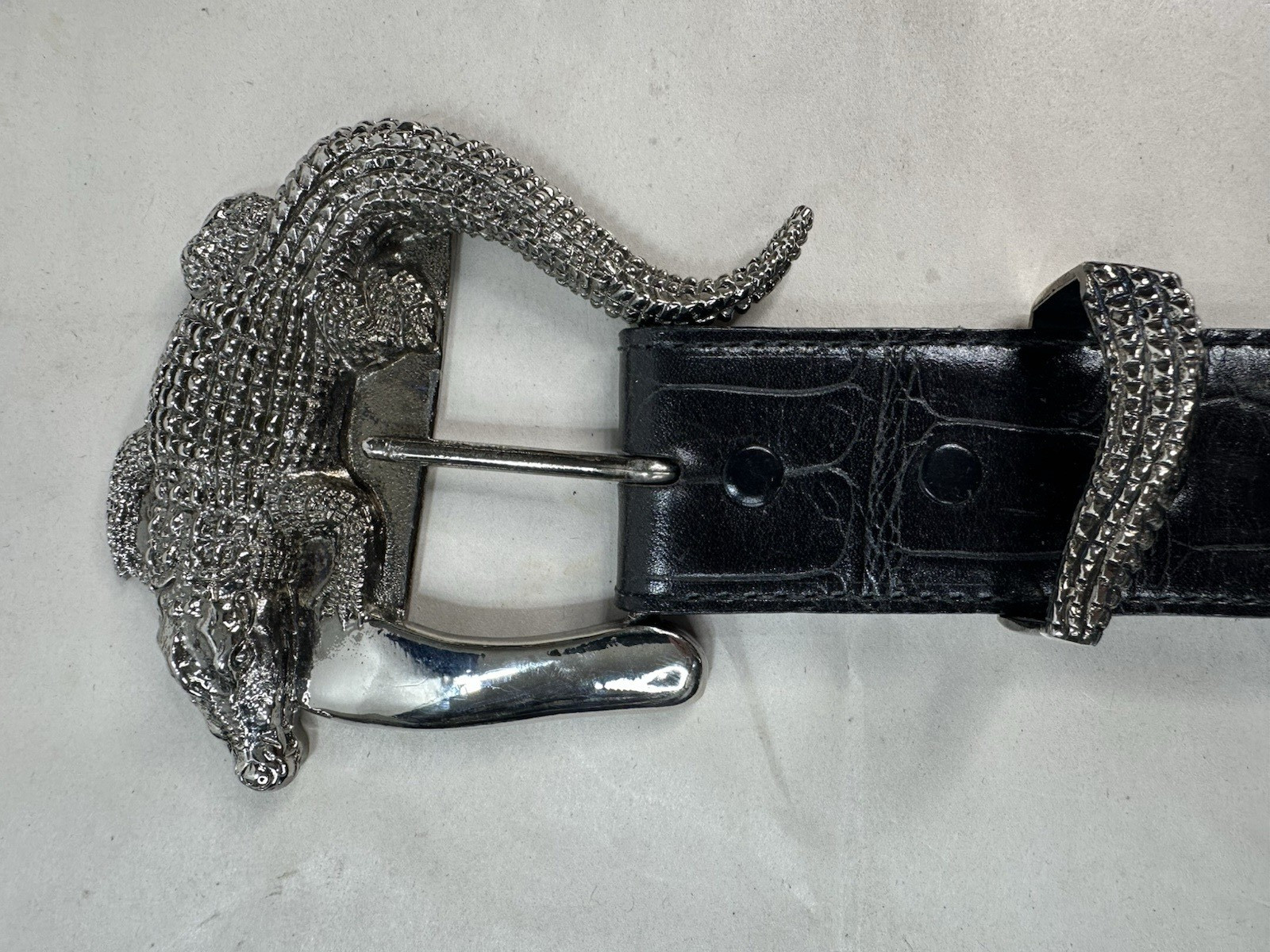 Vintage Large Silver Alligator Buckle and Black Alligator Belt Size S Small