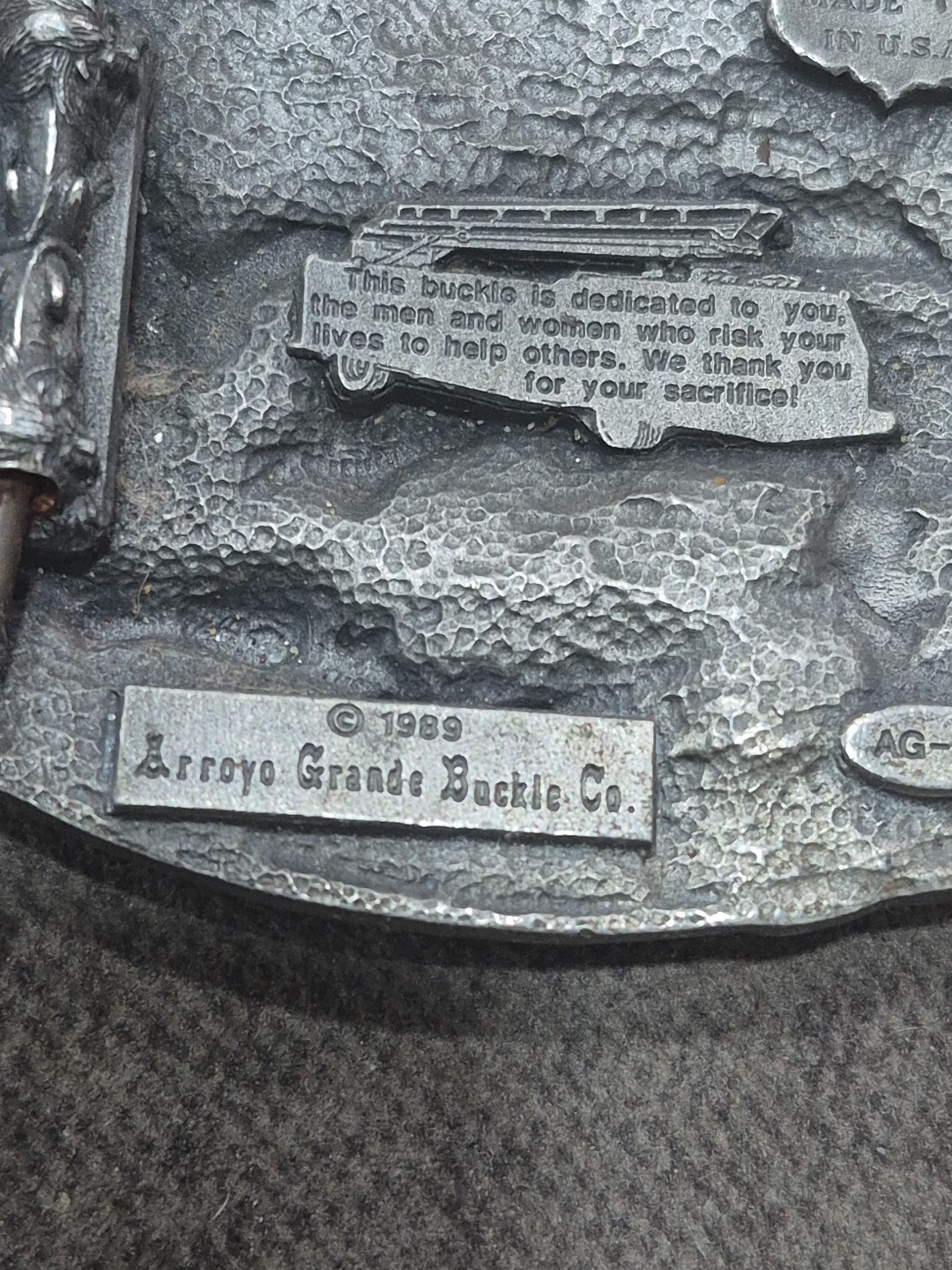 Vintage 1989 Fire Fighter Belt Buckle Fire Department AG-13 Arroyo Grande