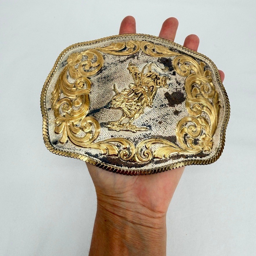 Montana Silversmiths Silver Plate LARGE Belt Buckle Bull Rider Western Cowboy
