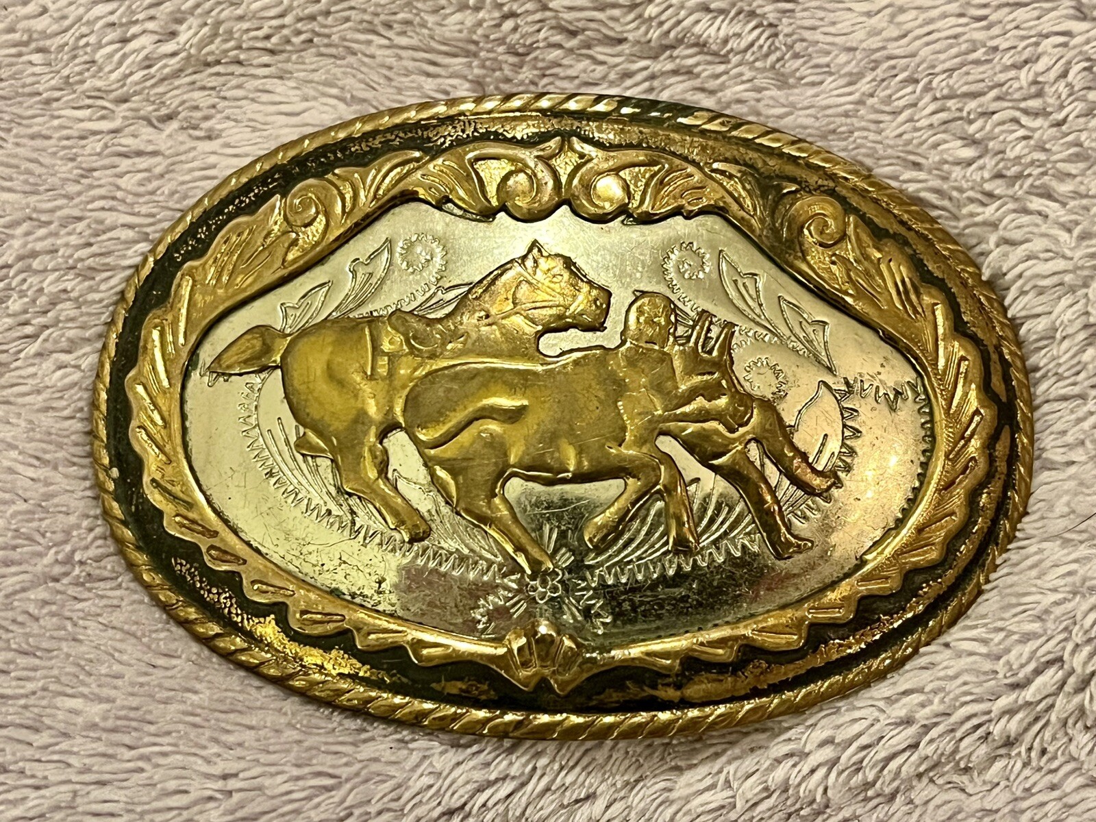 Vtg German Silver Gold Scroll WESTERN Rodeo Cowboy BELT BUCKLE Rope Edge