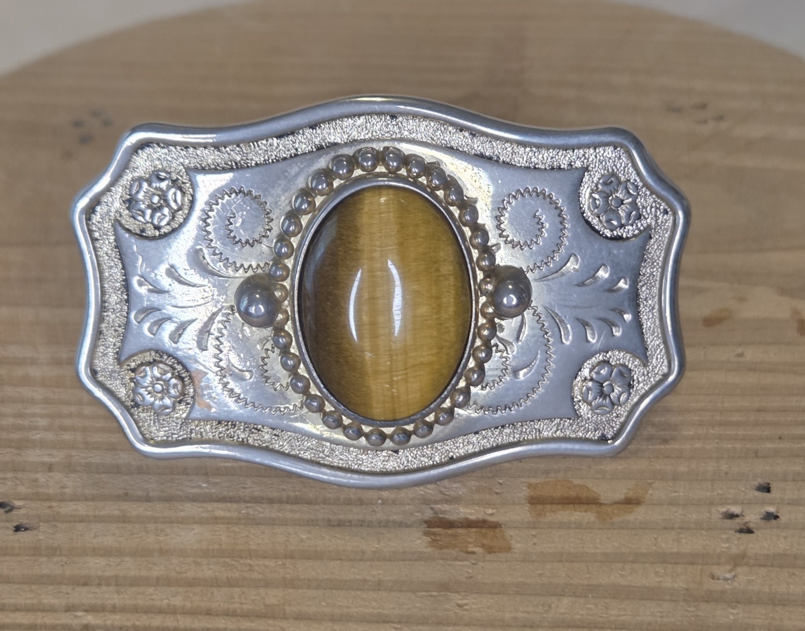 Vintage Silver Metal Belt Buckle With Tiger&rsquo;s Eye Floral/Swirl Design For 1&Prime;Belt