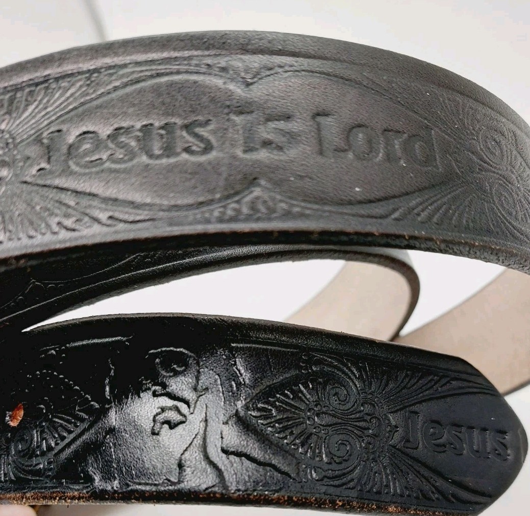 Jesus Is Lord Belt Black Length 57&Prime; Etched Gold Tone Buckle