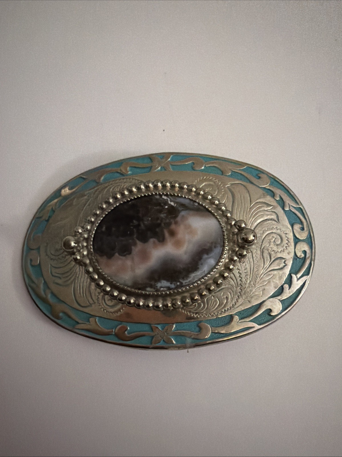 Southwestern Stone Belt Buckle Oval Floral Agate Western Silvertone