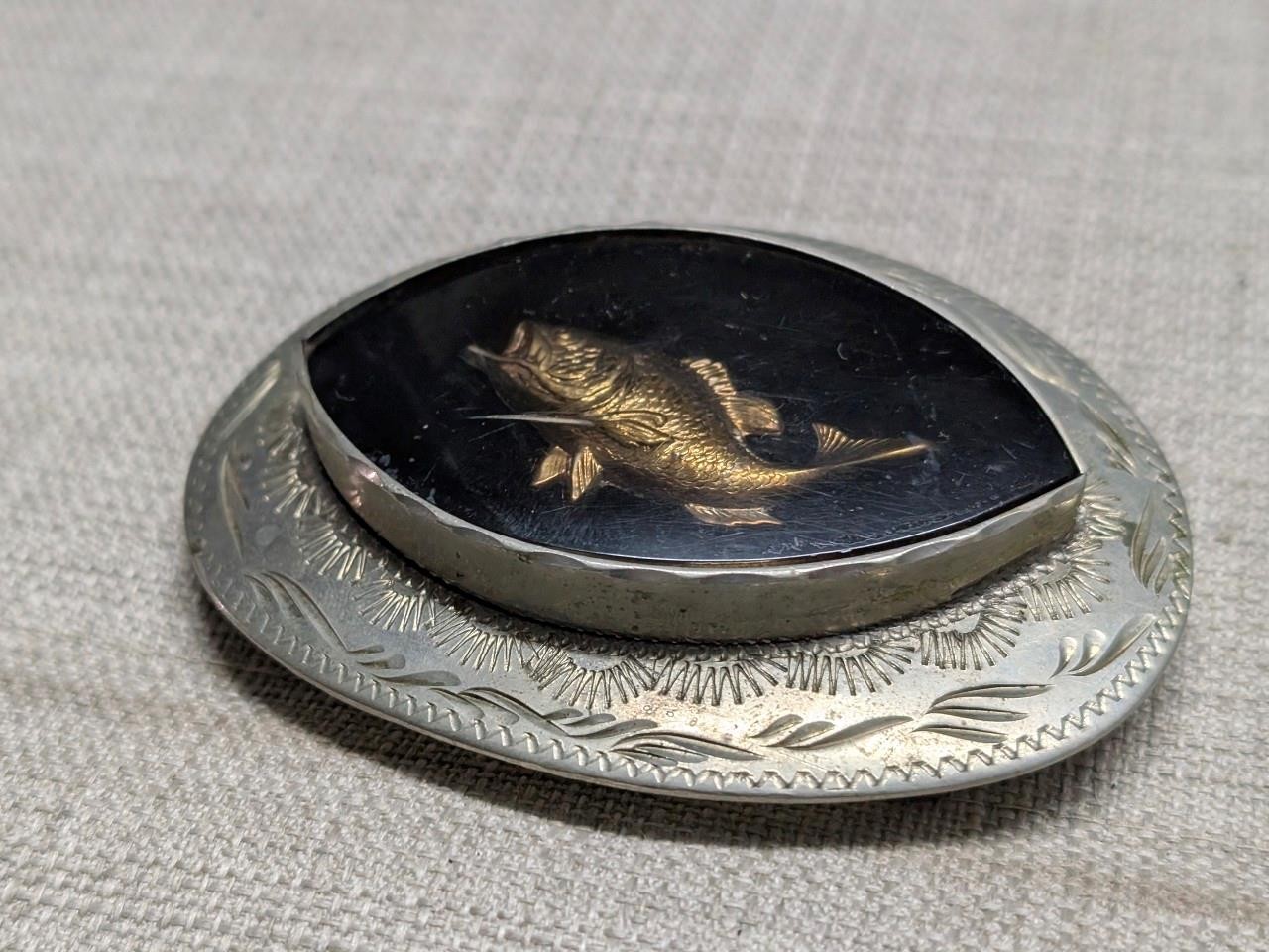 vintage HANDCRAFTED belt buckle FISHING western jewelry BASS german silver