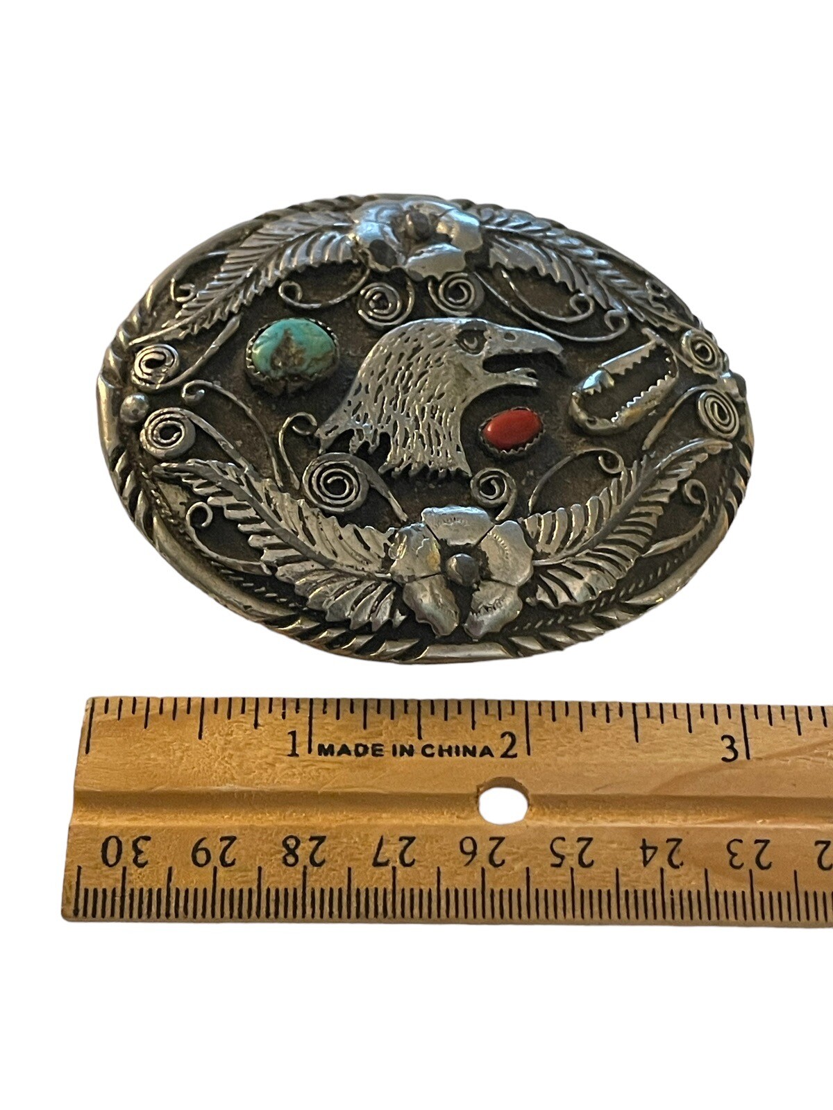 SSI Silver Turquoise Coral American Eagle Feathers Flower Belt Buckle & Bolo Tie