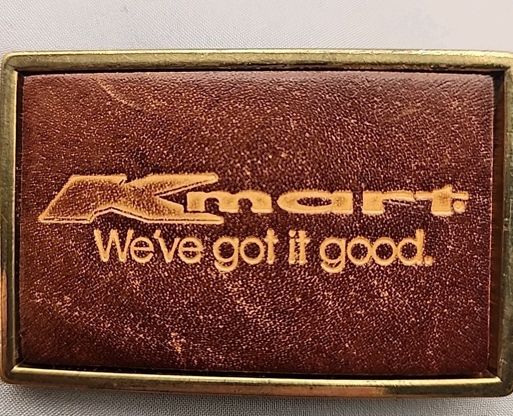 El Cid Kmart Buckle « We&rsquo;ve Got It Good  » Leather & Brass Vtg 2 1/2 X 1 1/2